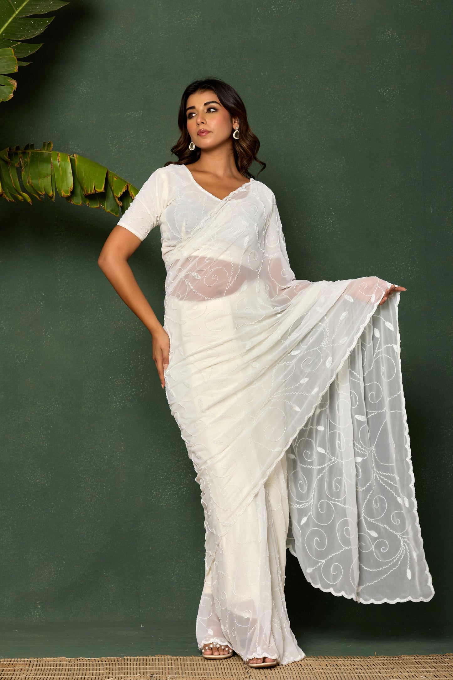 GEORGETTE KARDANA BEADS JAAL HANDWORK IVORY SAREE BY SKFBHOLUBHAI