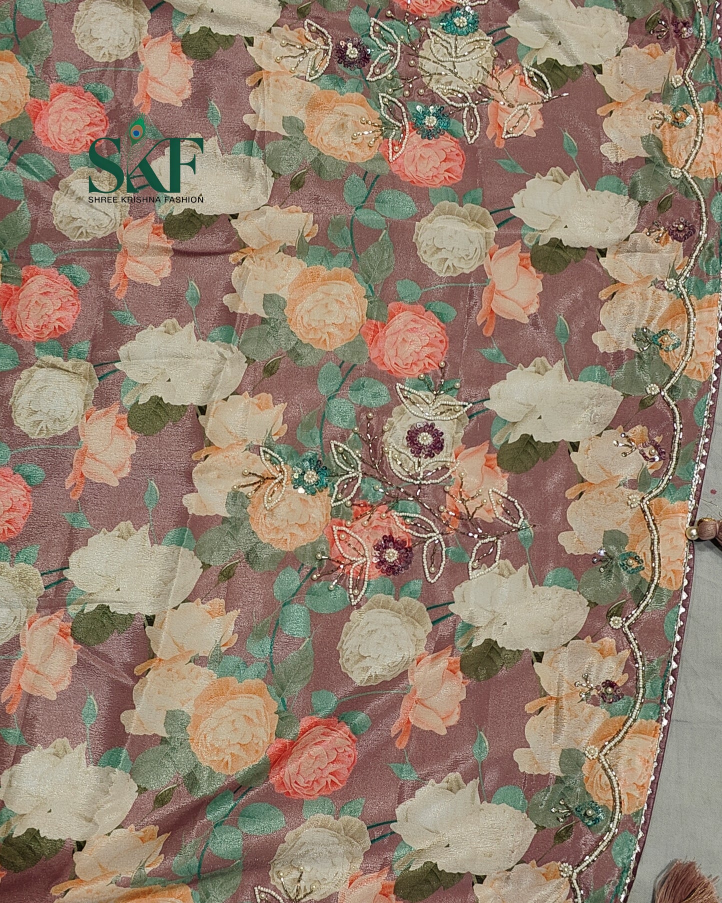 CHINON FLORAL DIGITAL PRINT HANDWORK LAVENDER SAREE BY SKFBHOLUBHAI