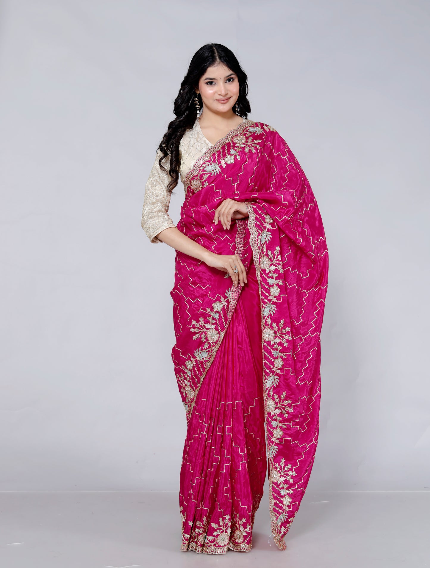 HO SILK ZARI EMBROIDERY HANDWORK JAAL RANIPINK SAREE BY SKFBHOLUBHAI