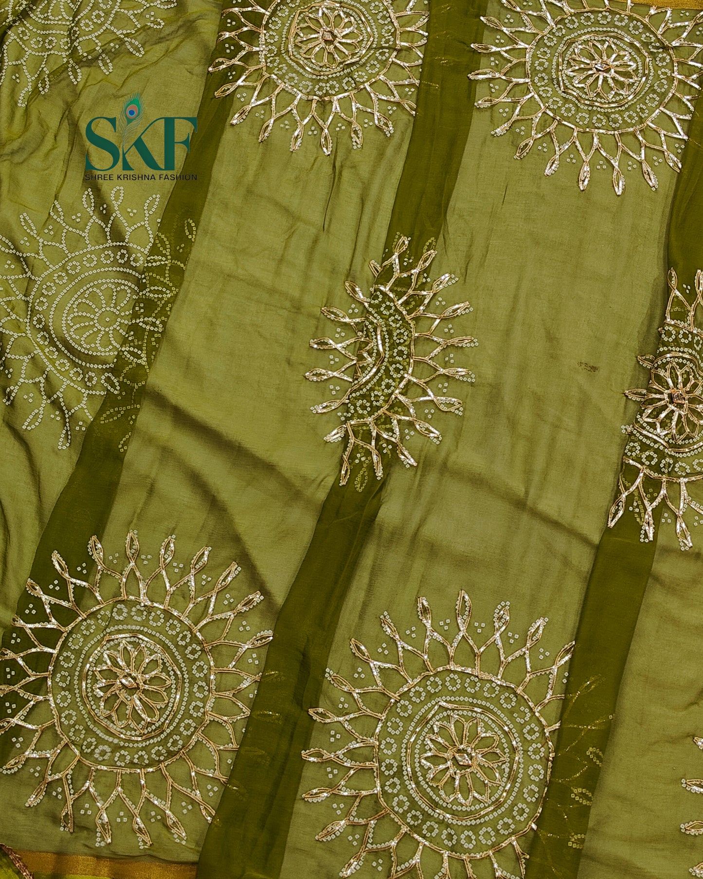 DIAMOND CHIFFON BHANDHANI KACHAGOTTA WORK PARROT GREEN SAREE BY SKFBHOLUBHAI