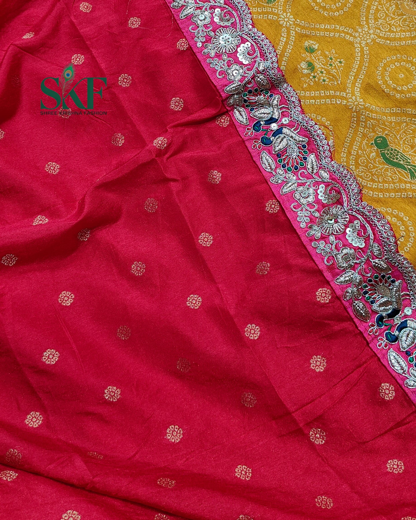 DOLA BANARSI WEAVING BHANDHANI HEAVY WORK BORDER YELLOW SAREE BY SKFBHOLUBHAI