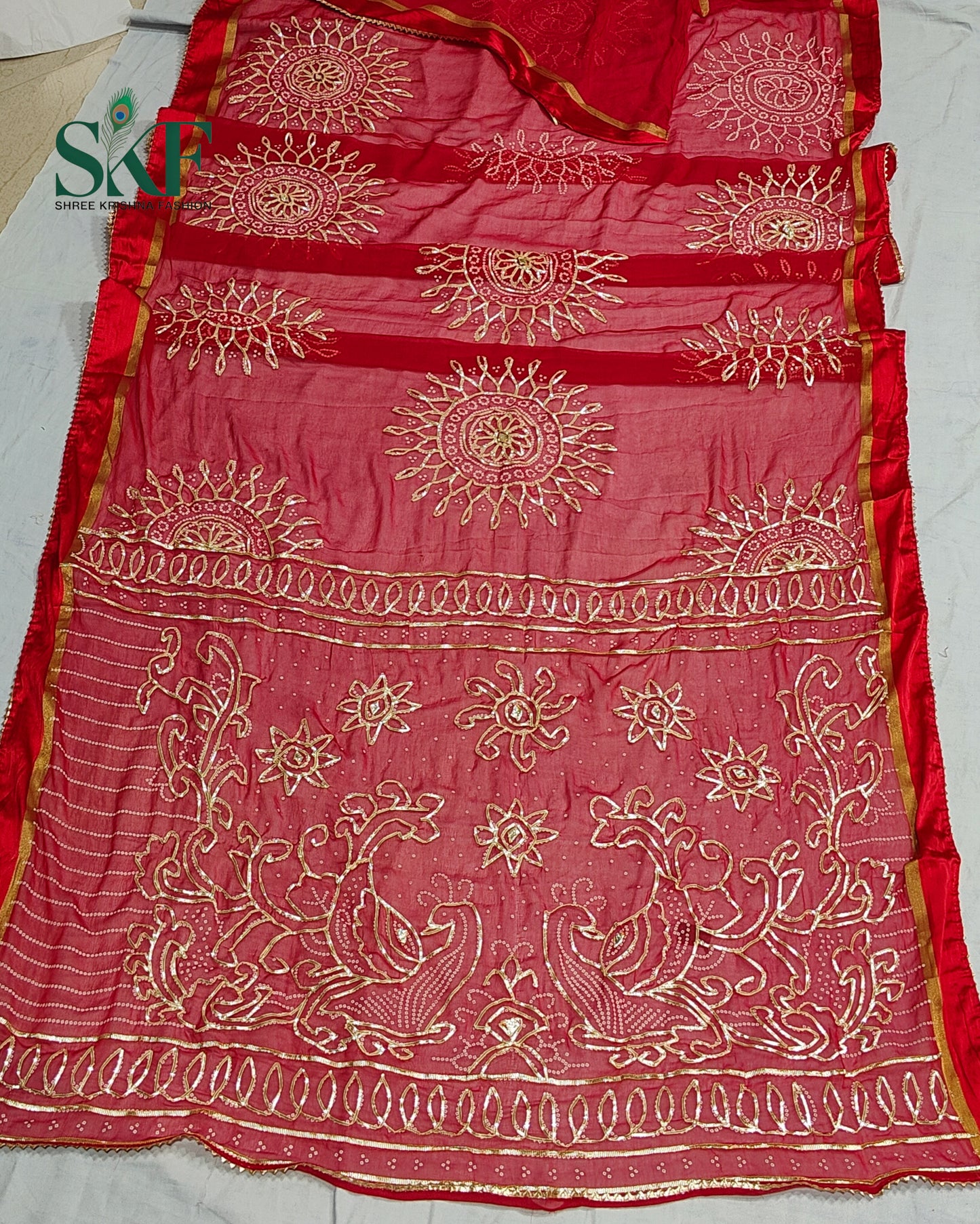 DIAMOND CHIFFON BHANDHANI KACHAGOTTA WORK RED SAREE BY SKFBHOLUBHAI