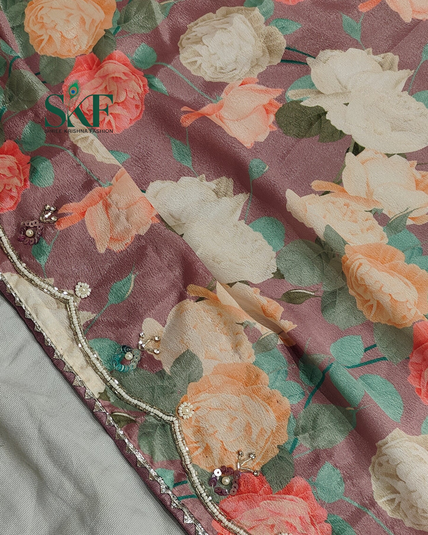 CHINON FLORAL DIGITAL PRINT HANDWORK LAVENDER SAREE BY SKFBHOLUBHAI