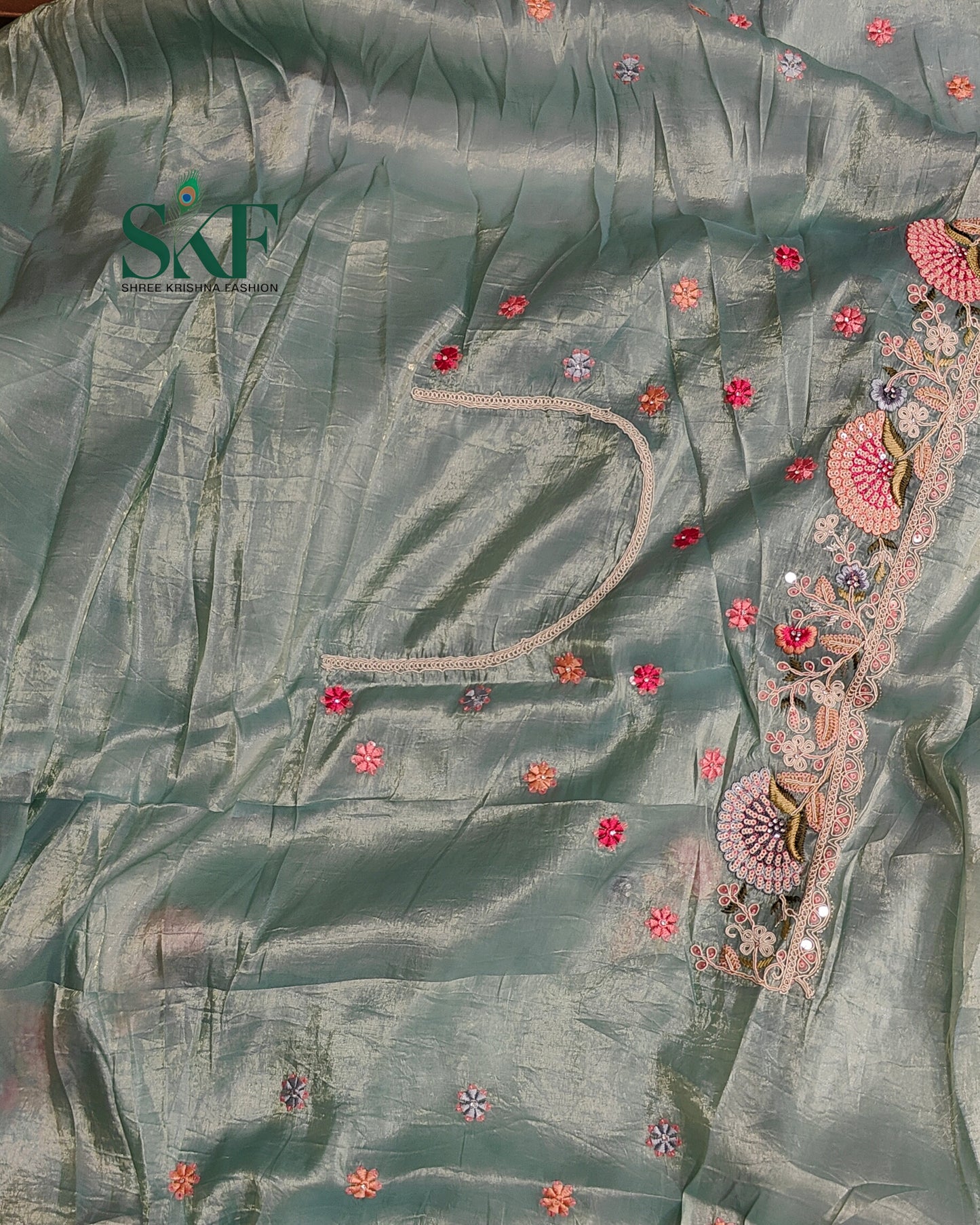 CRUSH TISSUE SIPPI SEQUENCE EMBROIDERY WORK SEEGREEN SAREE BY SKFBHOLUBHAI