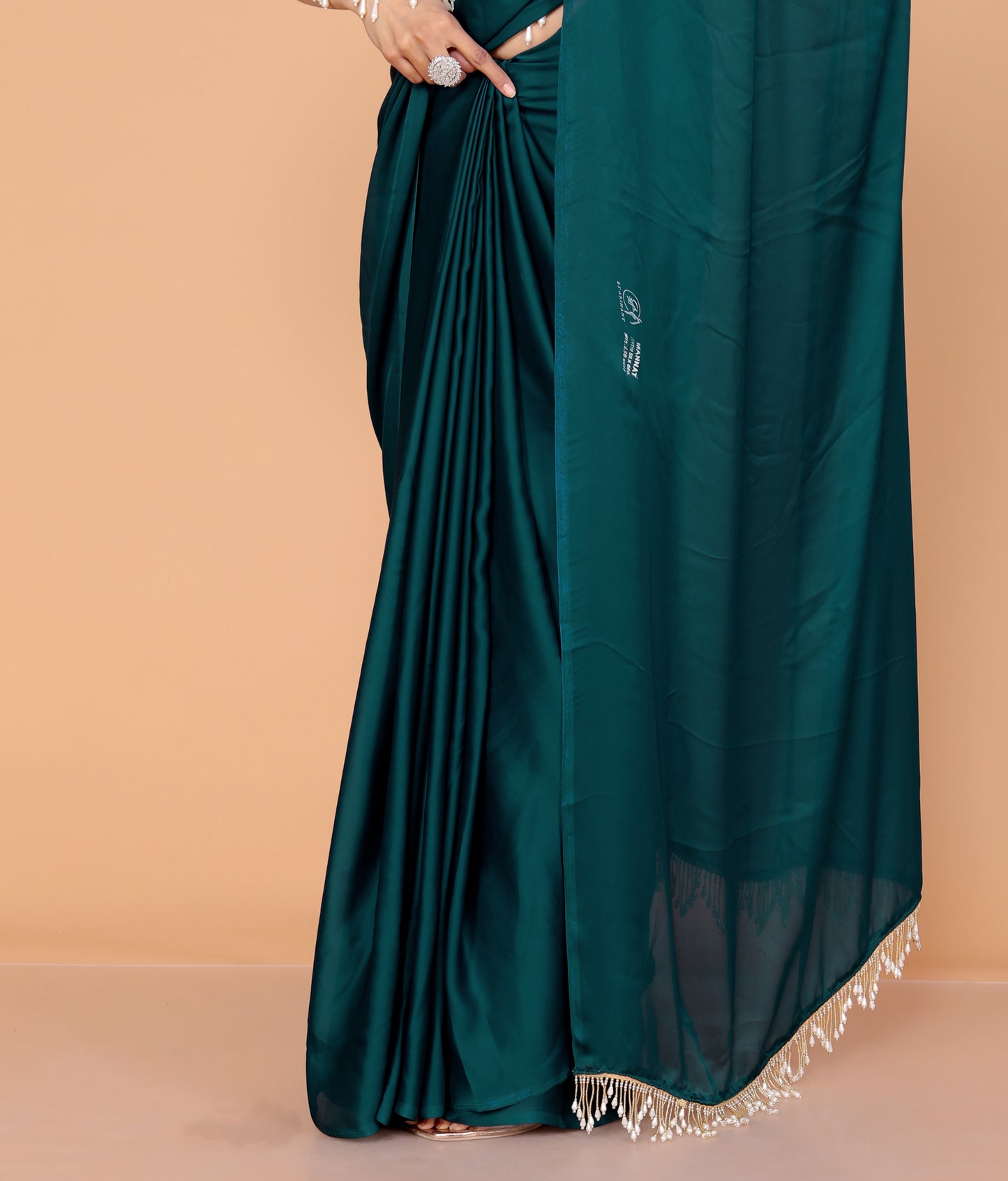 CREPE PLAIN TASSELS WORK TURQUOISE GREEN SAREE BY SKFBHOLUBHAI