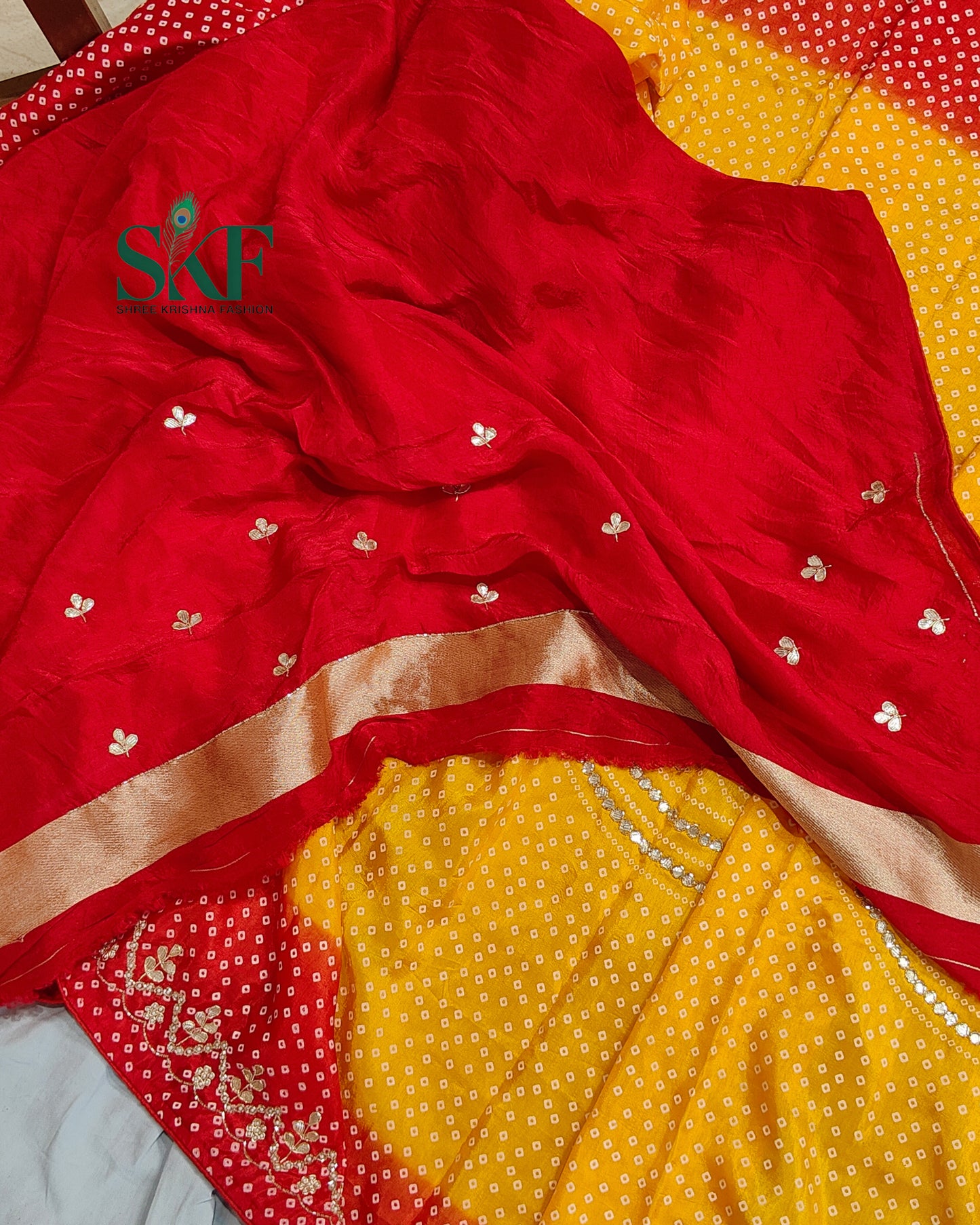RUSSIAN SILK CHAKRA BHANDHANI GOTTA HANDWORK RED&YELLOW SAREE BY SKFBHOLUBHAI
