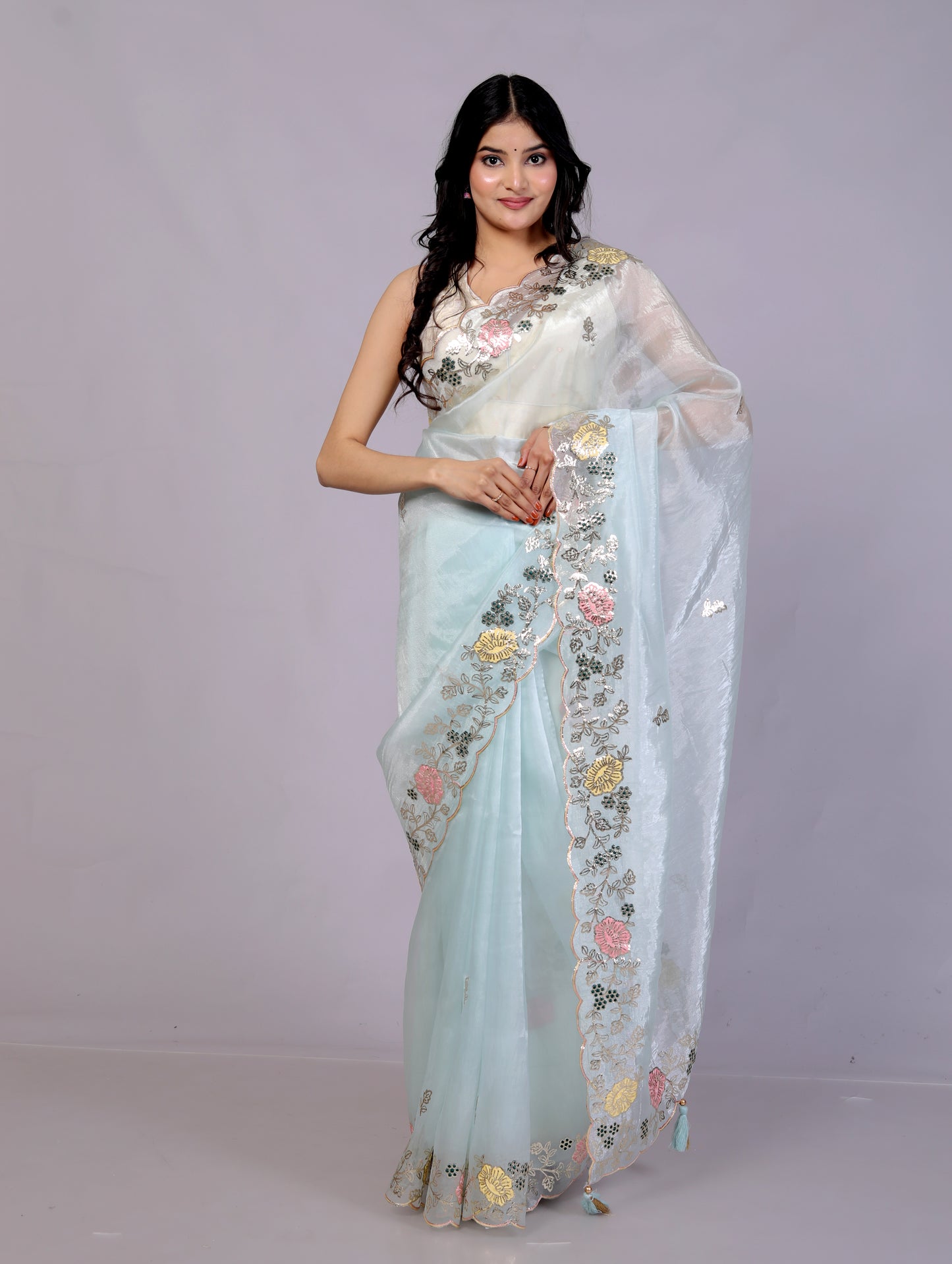 GLOSSY ORGANZA MULTI ZARI EMBROIDERY SKY BLUE SAREE BY SKFBHOLUBHAI