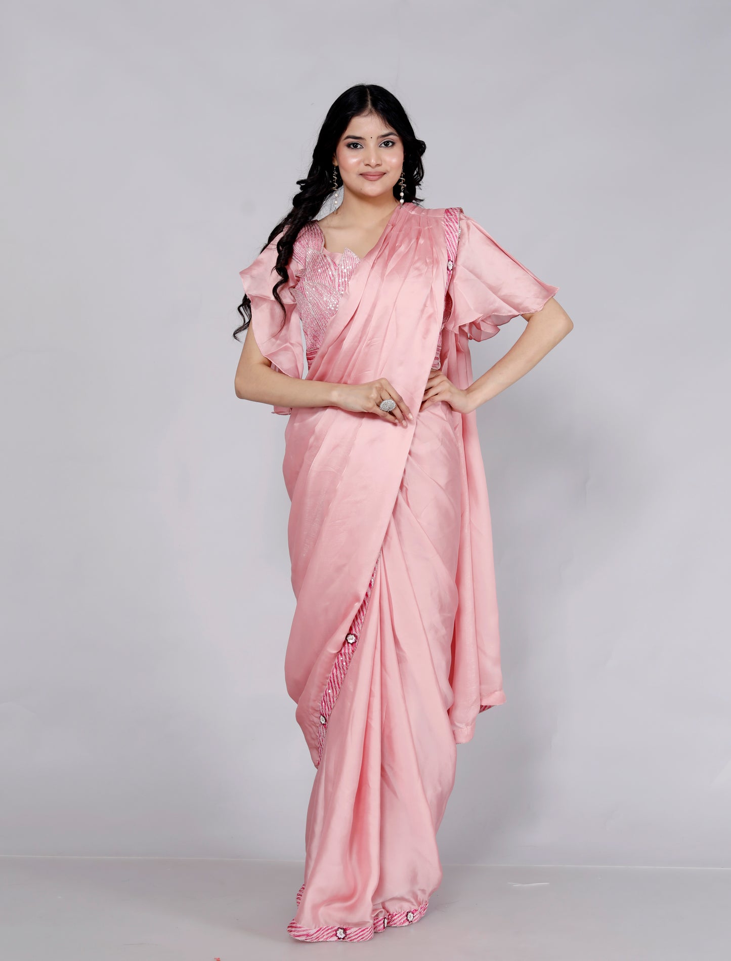 HO SILK EMBROIDERY BORDER STICH BLOUSE PINK SAREE BY SKFBHOLUBHAI