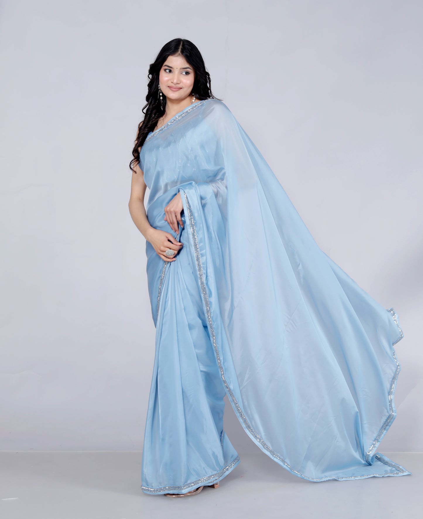 SATIN SILK HANDWORK BORDER STICH BLOUSE ICE BLUE SAREE BY SKFBHOLUBHAI