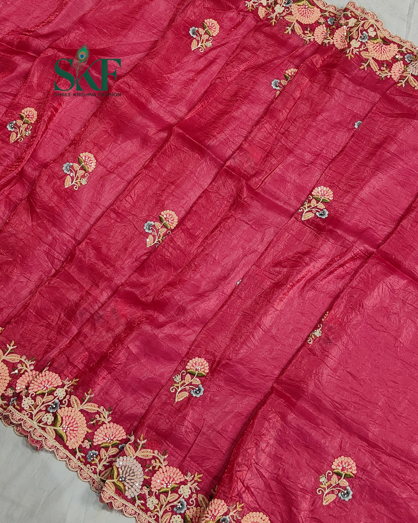 CRUSH TISSUE SIPPI SEQUENCE EMBROIDERY WORK BURGENDY SAREE BY SKFBHOLUBHAI