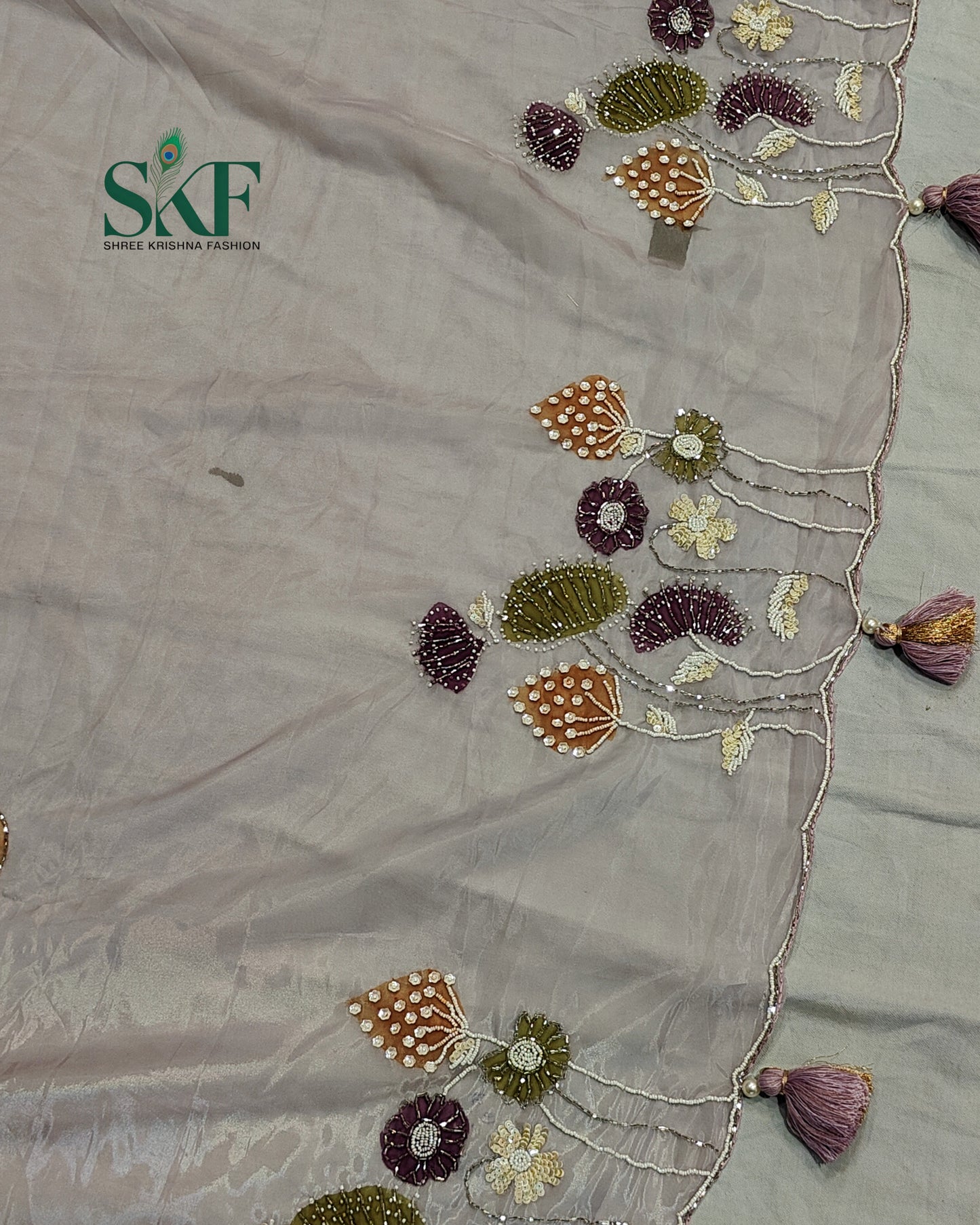 GLASS TISSUE BRUSH PRINT PERAL HANDWORK LIALAC SAREE BY SKFBHOLUBHAI