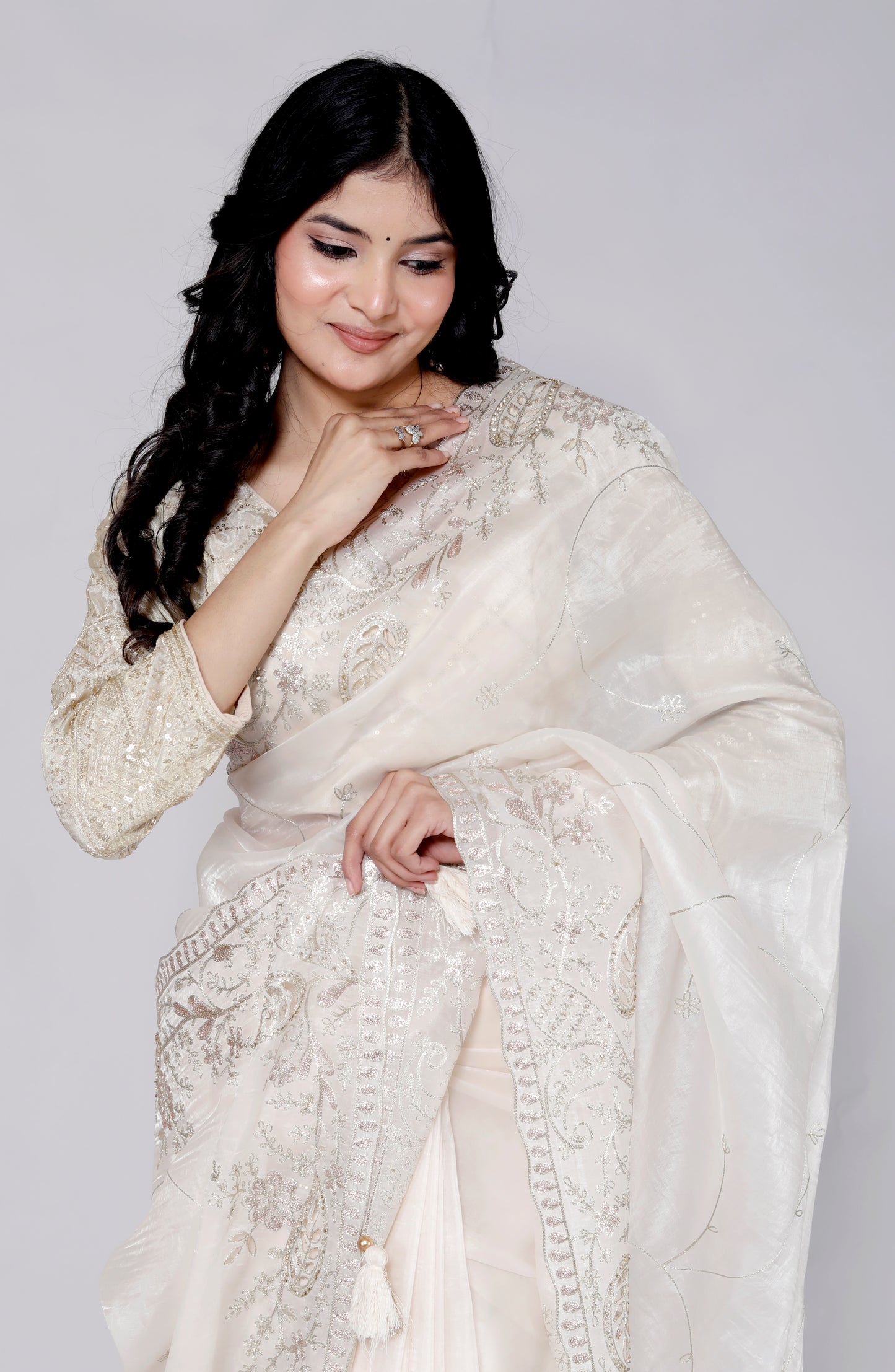 GLOSSY TISSUE CUTWORK BORDER JAAL EMBROIDERY IVORY SAREE BY SKFBHOLUBHAI