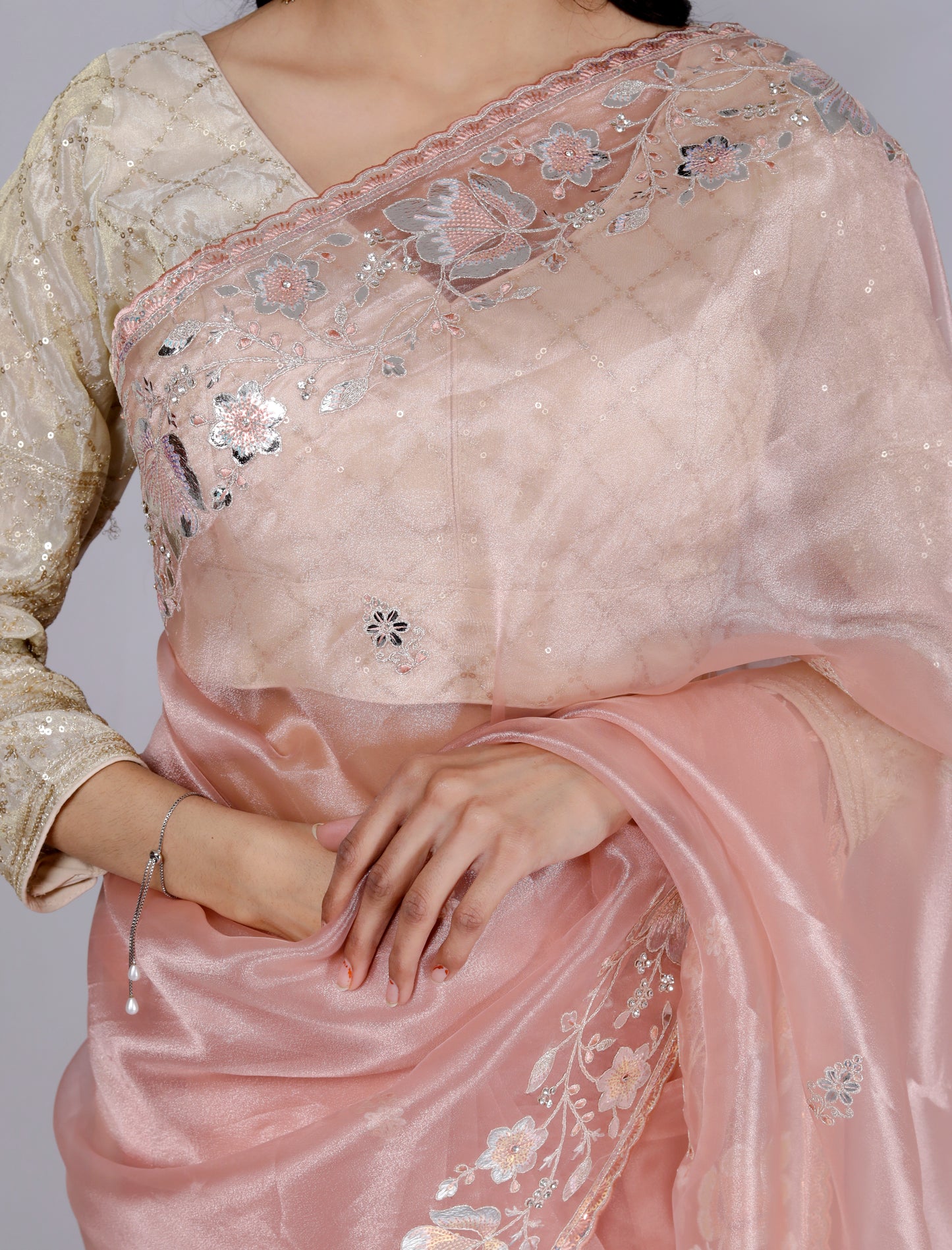 GLOSSY TISSUE ZARI EMBROIDERY BORDER PEACH SAREE BY SKFBHOLUBHAI