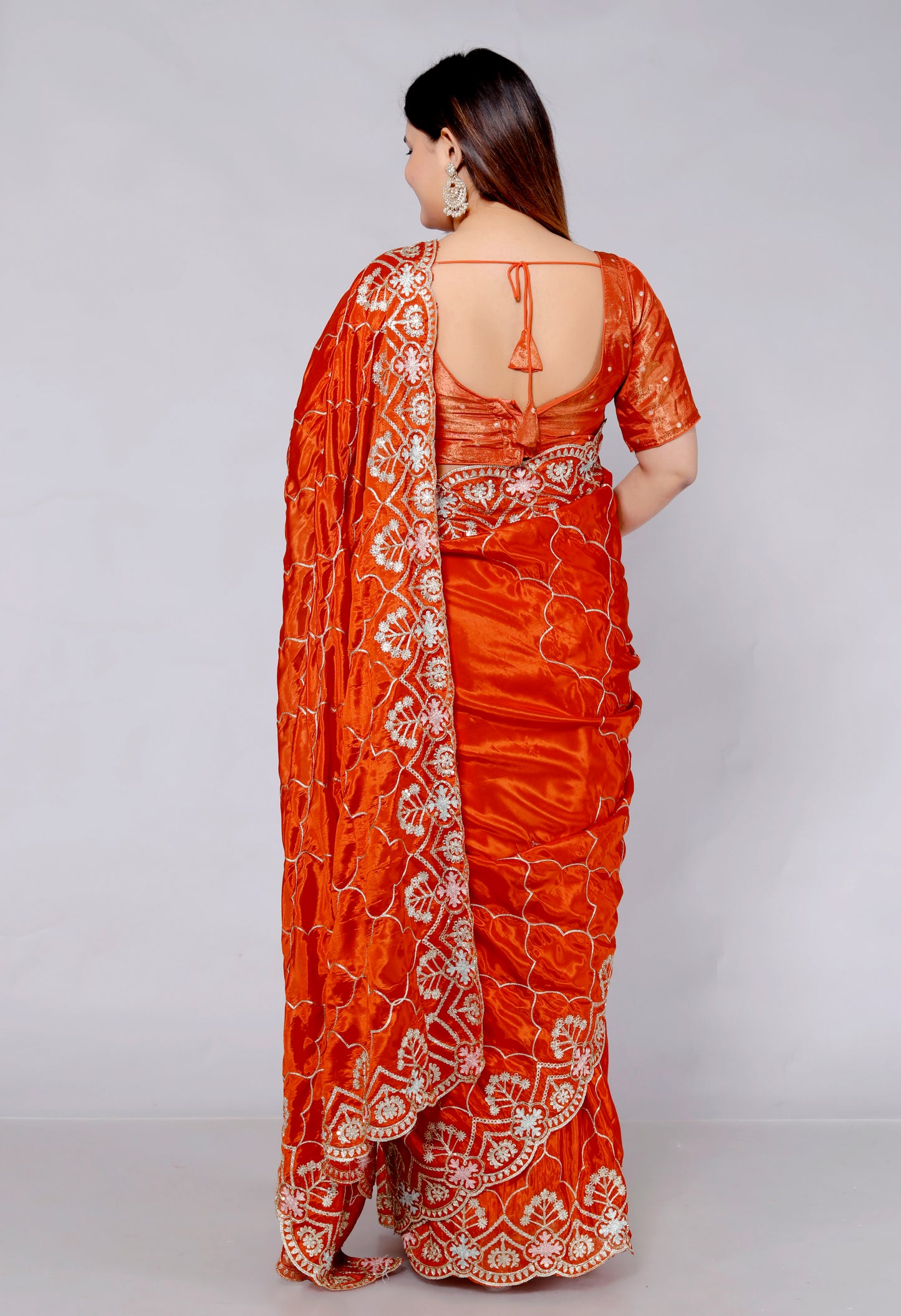 HO SILK ZARI EMBROIDERY HANDWORK JAAL ORANGE RUST SAREE BY SKFBHOLUBHAI