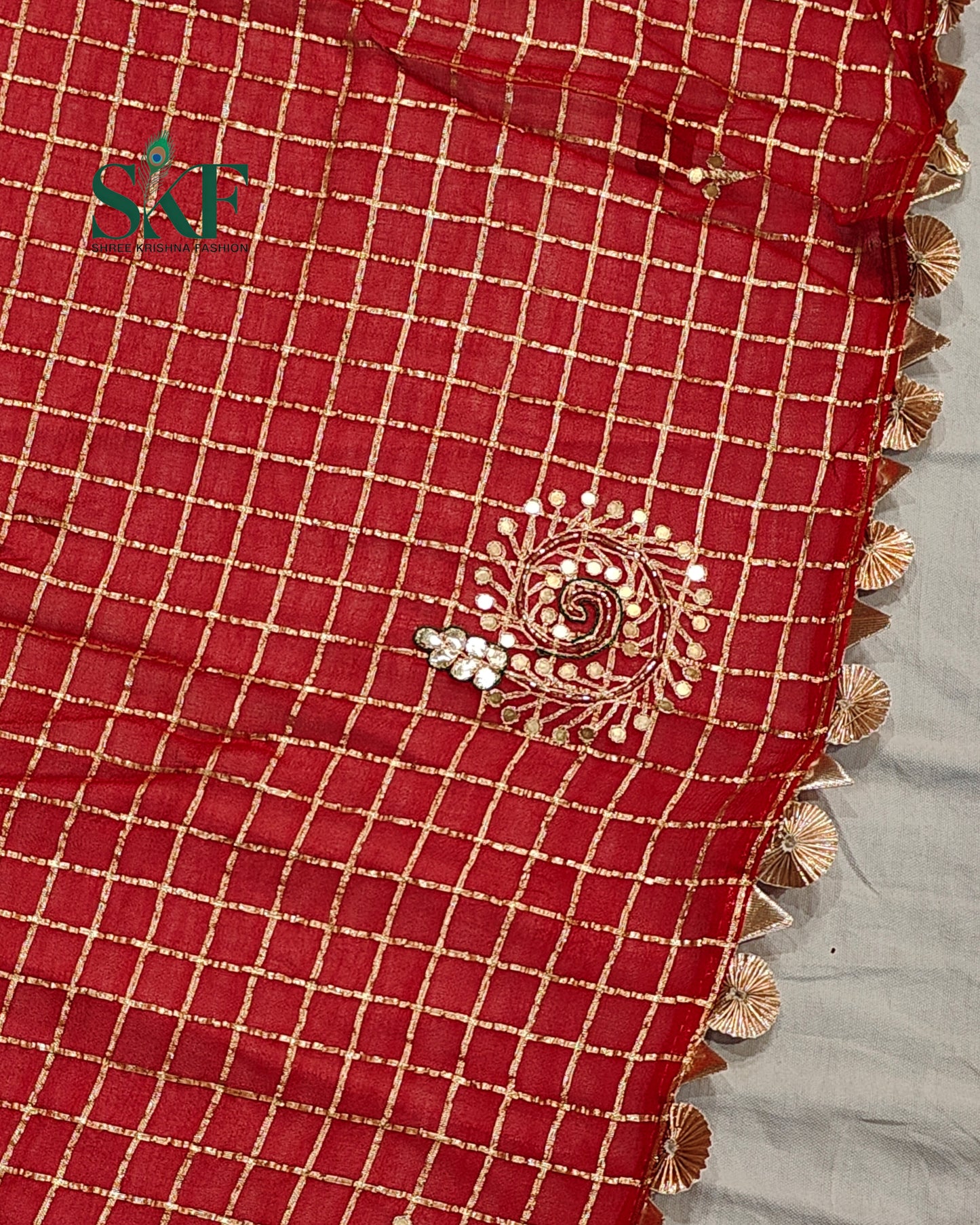 VISCOSS GEORGETTE AARI GOTTA CHEKERD SATIN BORDER WORK RED SAREE BY SKFBHOLUBHAI