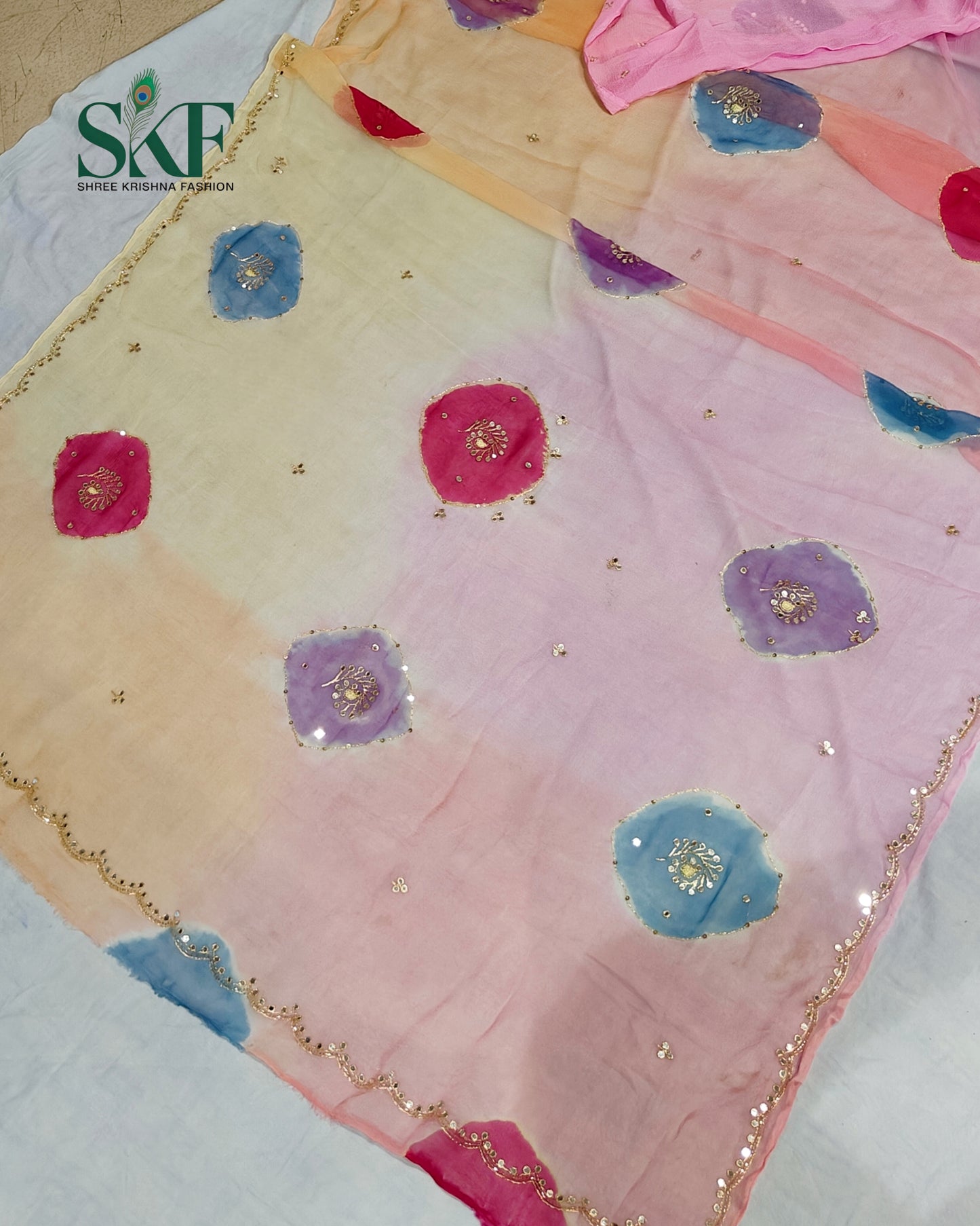 CHIFFON BATIK OMBRE DYE AARI GOTTA HANDWORK BUTTY MULTICOLOUR SAREE BY SKFBHOLUBHAI