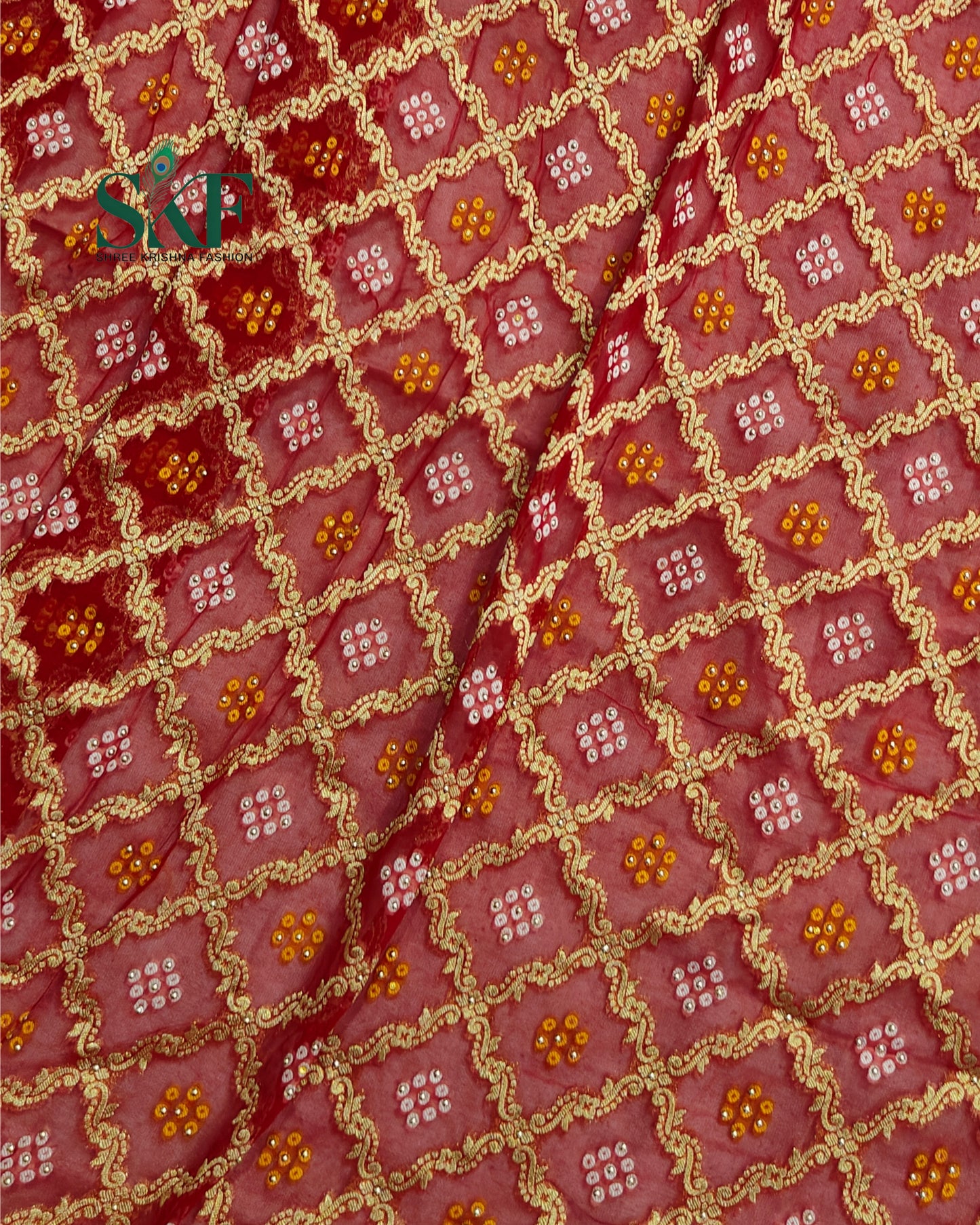 KHADI NEEM JARI GEORGETTE BHANDHANI GREEN STONE ZARDOZI HANDWORK SAREE BY SKFBHOLUBHAI