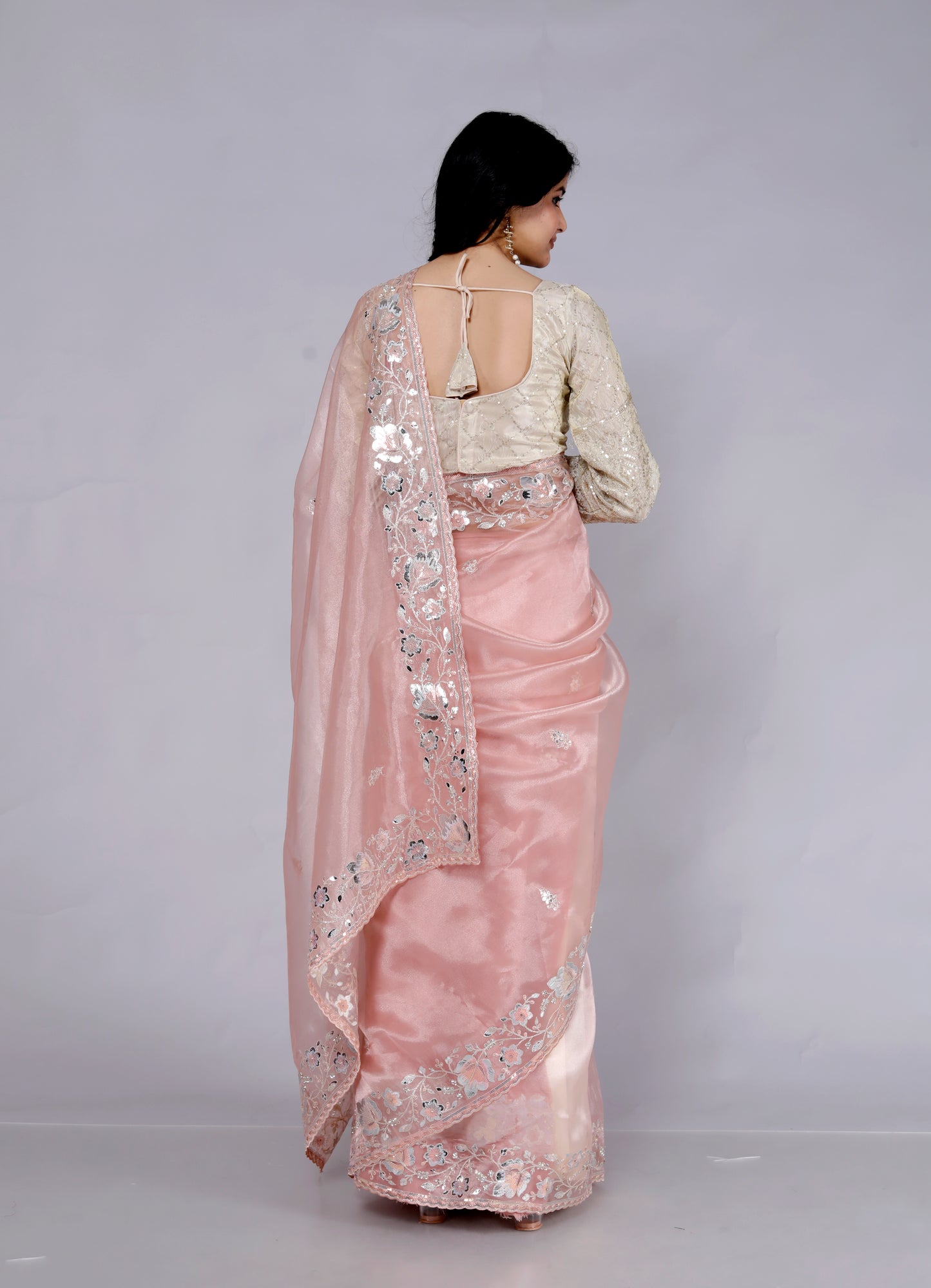 GLOSSY TISSUE ZARI EMBROIDERY BORDER PEACH SAREE BY SKFBHOLUBHAI