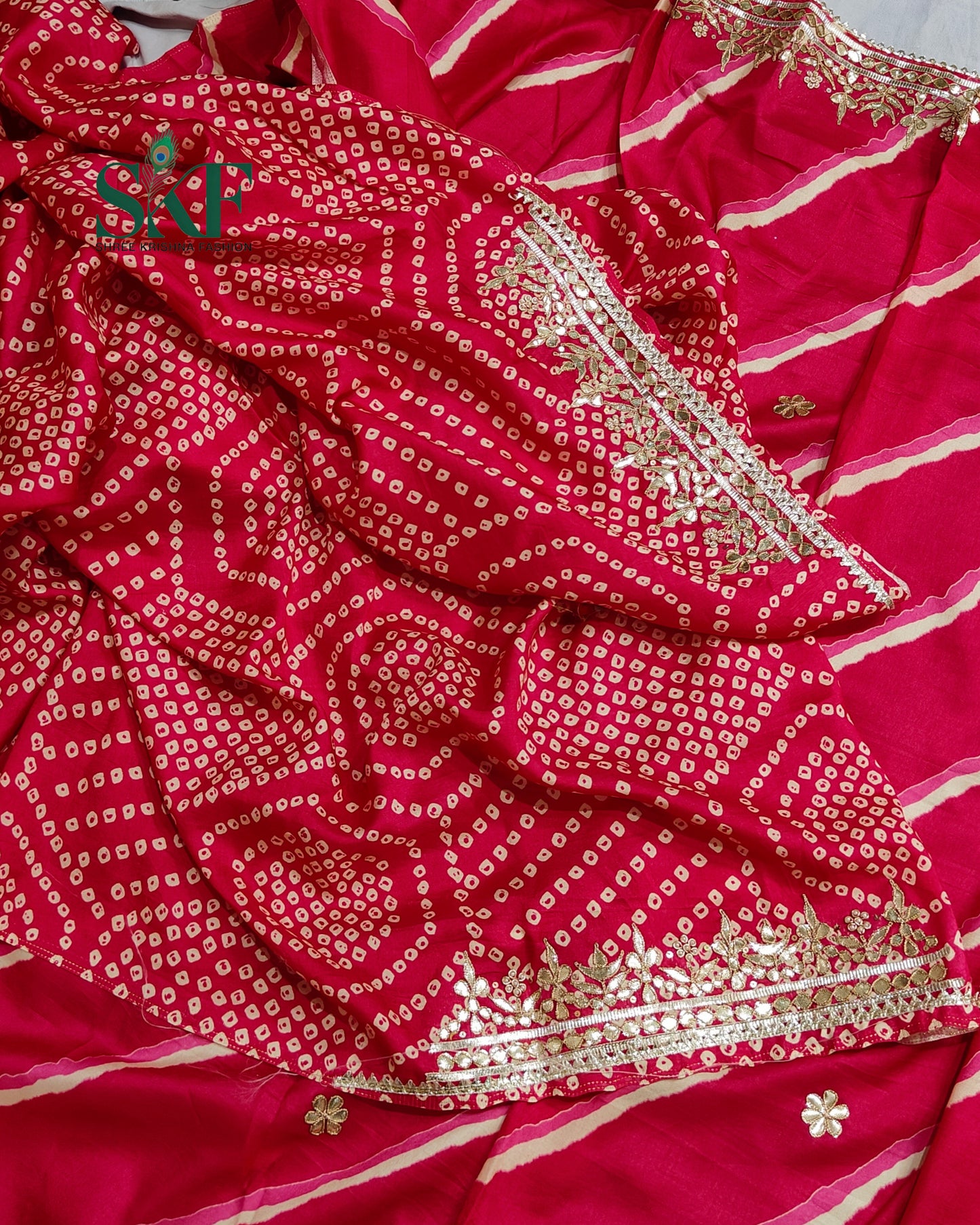 TUSSAR SILK LEHRIYA HAND GOTTA DIGITAL PRINT WORK RANI PINK SAREE BY SKFBHOLUBHAI