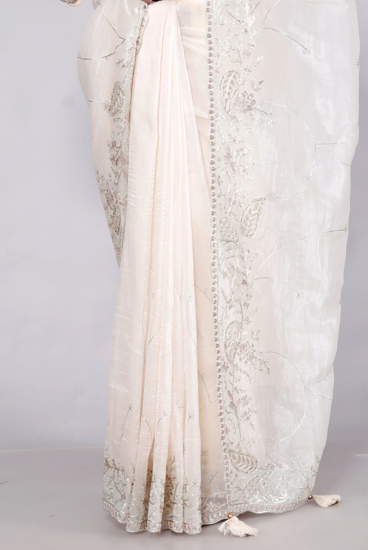GLOSSY TISSUE CUTWORK BORDER JAAL EMBROIDERY IVORY SAREE BY SKFBHOLUBHAI