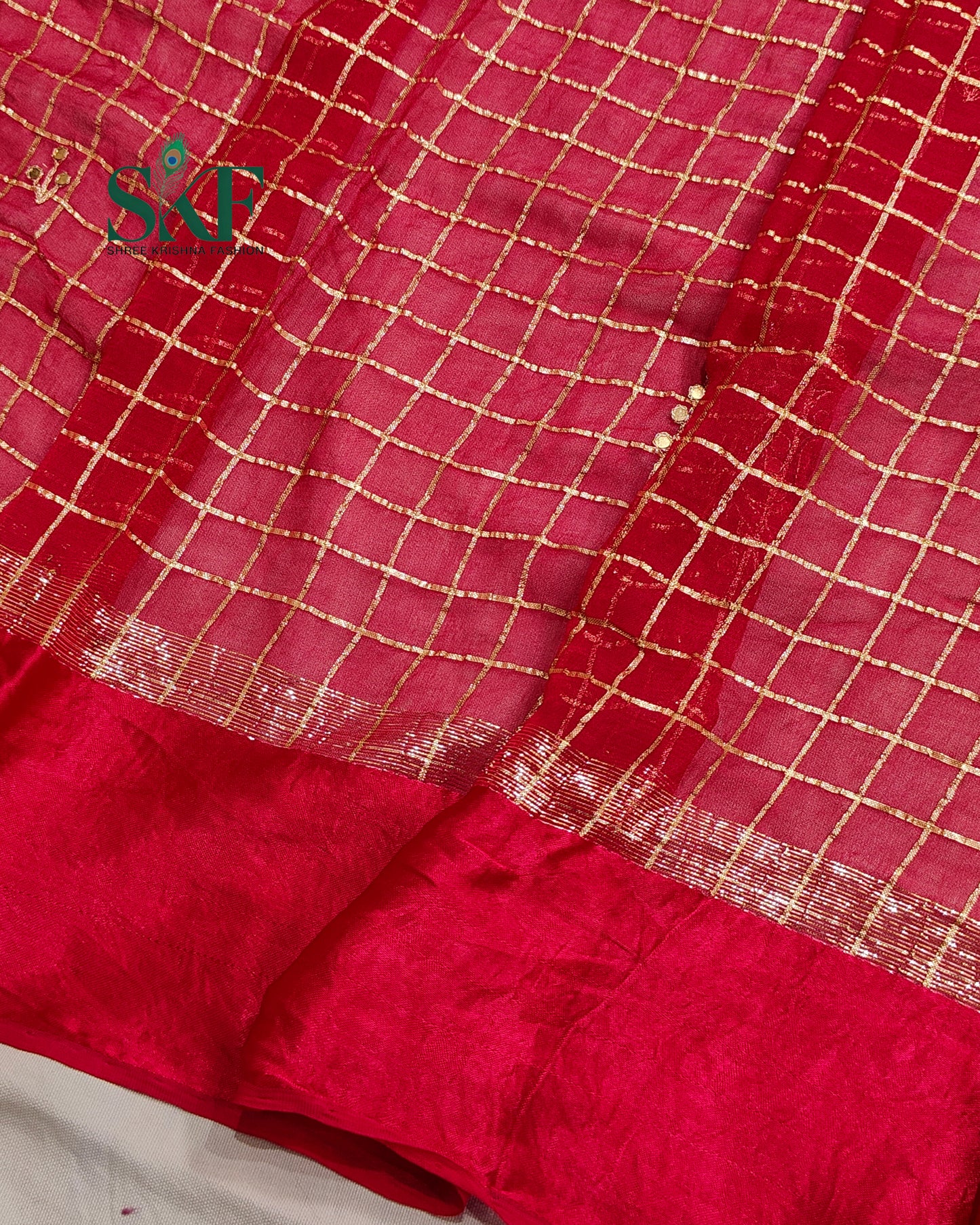 VISCOSS GEORGETTE AARI GOTTA CHEKERD SATIN BORDER WORK RANIPINK SAREE BY SKFBHOLUBHAI