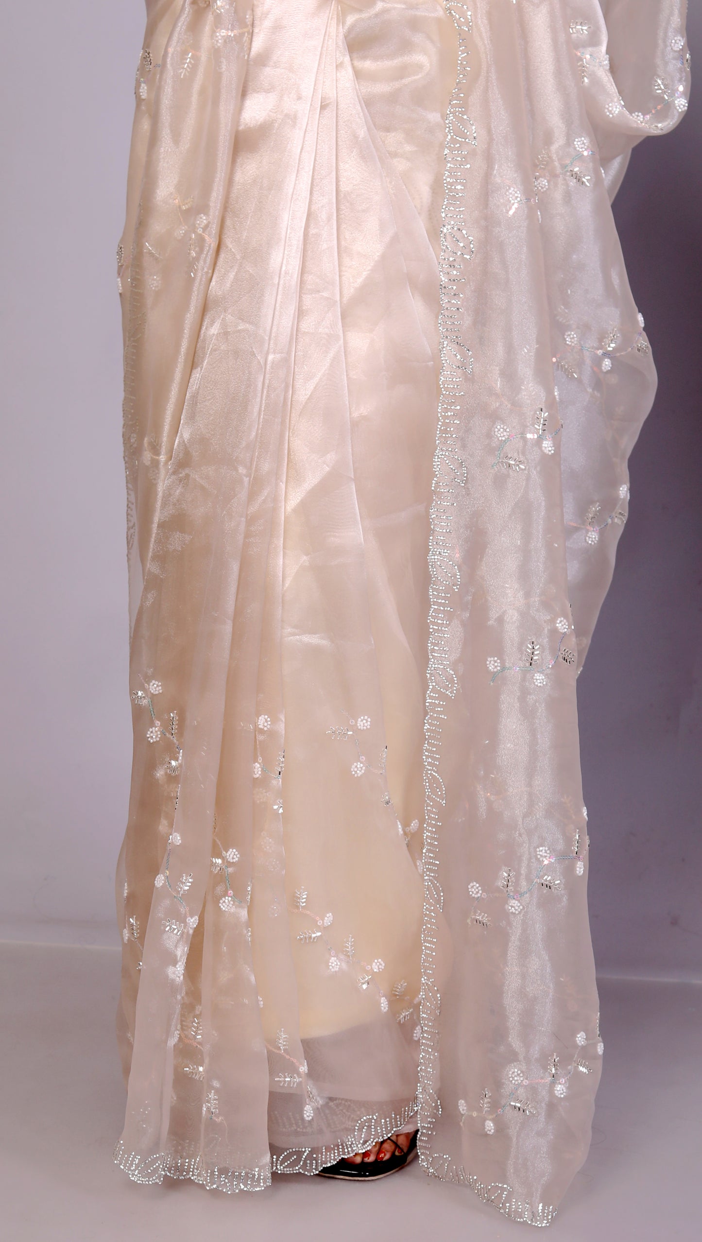 GLOSSY ORGANZA BEATS HANDWORK JAAL IVORY GOLD SAREE BY SKFBHOLUBHAI