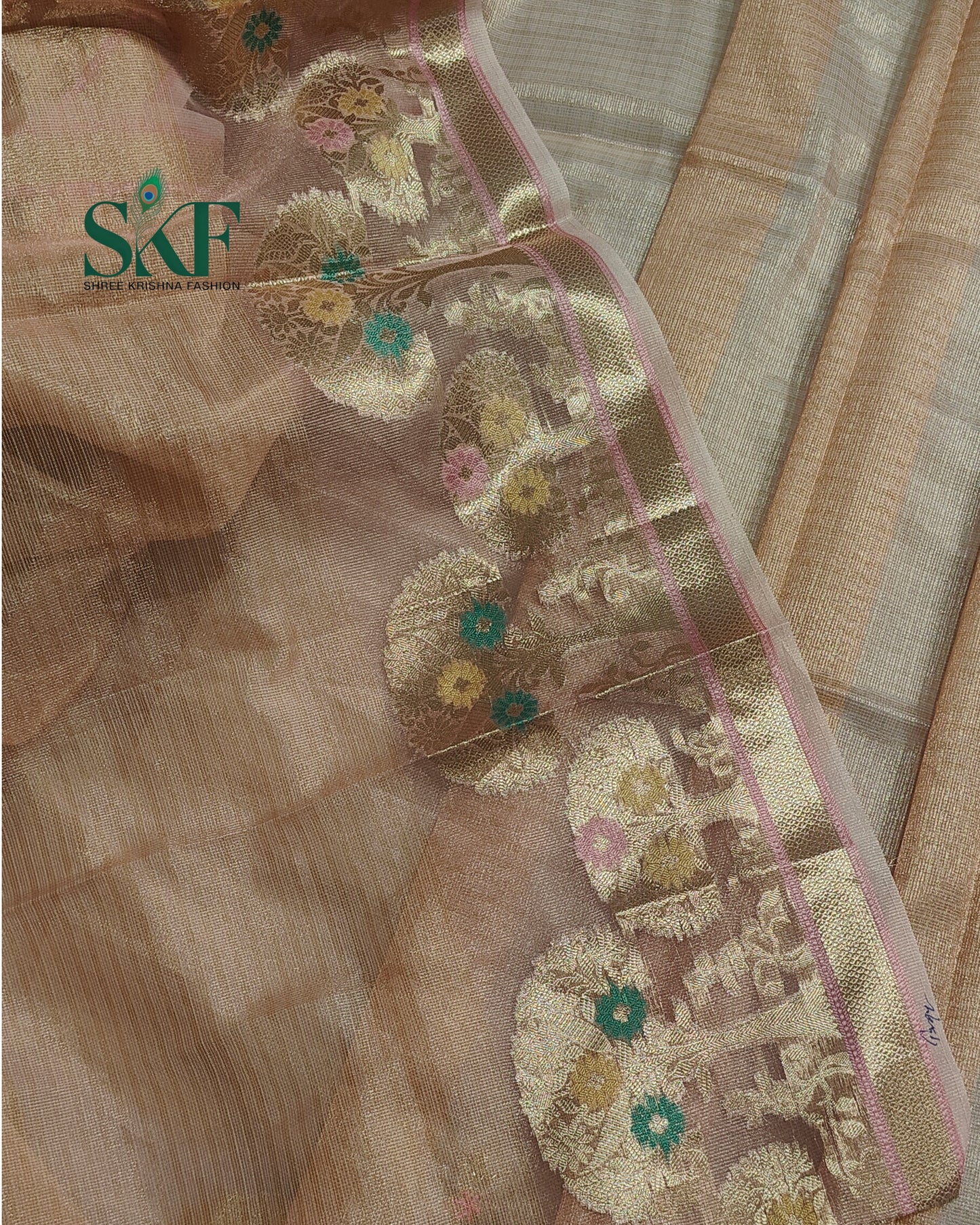 DORIYA TISSUE MULTI WEAVING HANDWORK BUTTA PEACH PINK SAREE BY SKFBHOLUBHAI