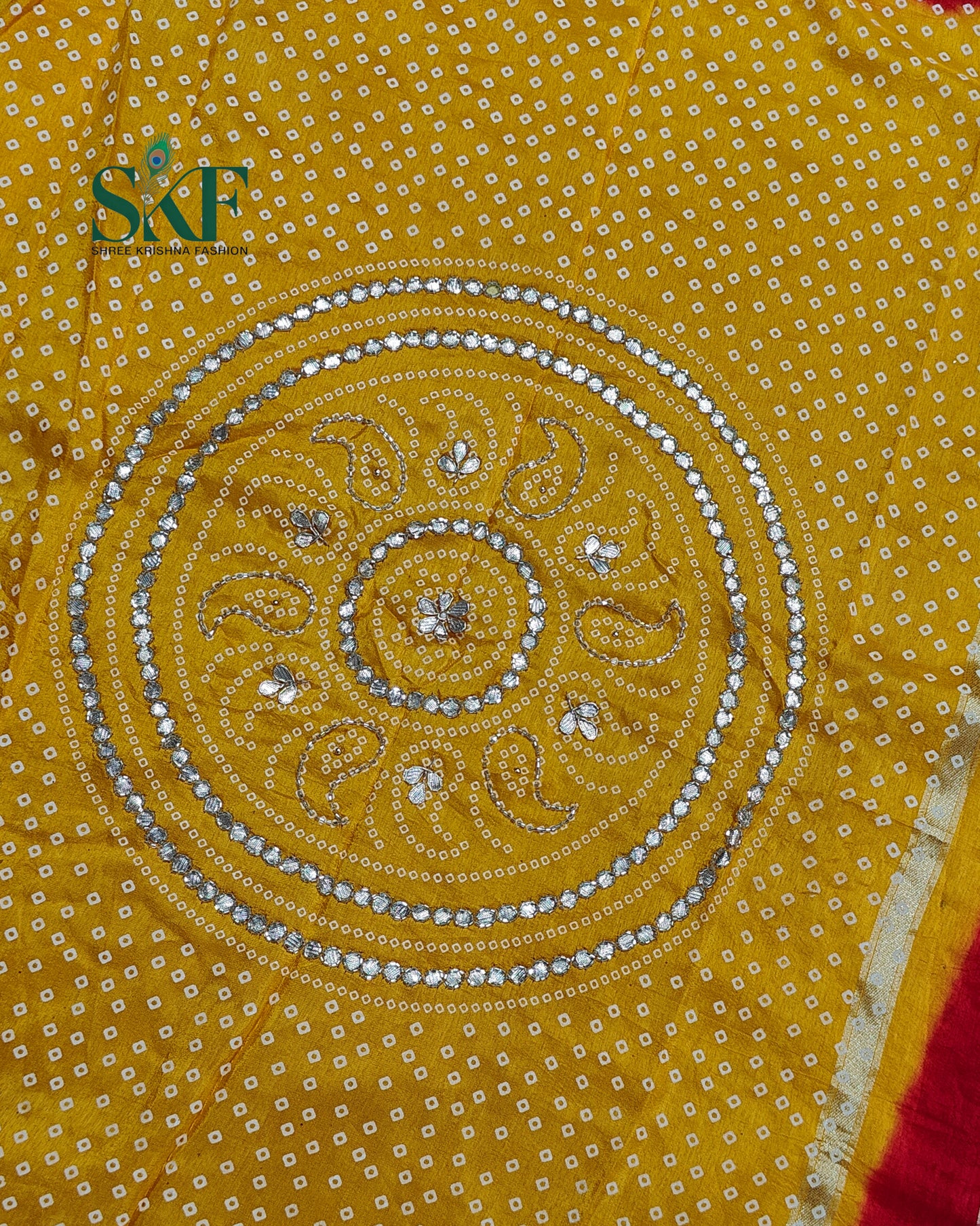 RUSSIAN SILK CHAKRA BHANDHANI GOTTA HANDWORK RED&YELLOW SAREE BY SKFBHOLUBHAI