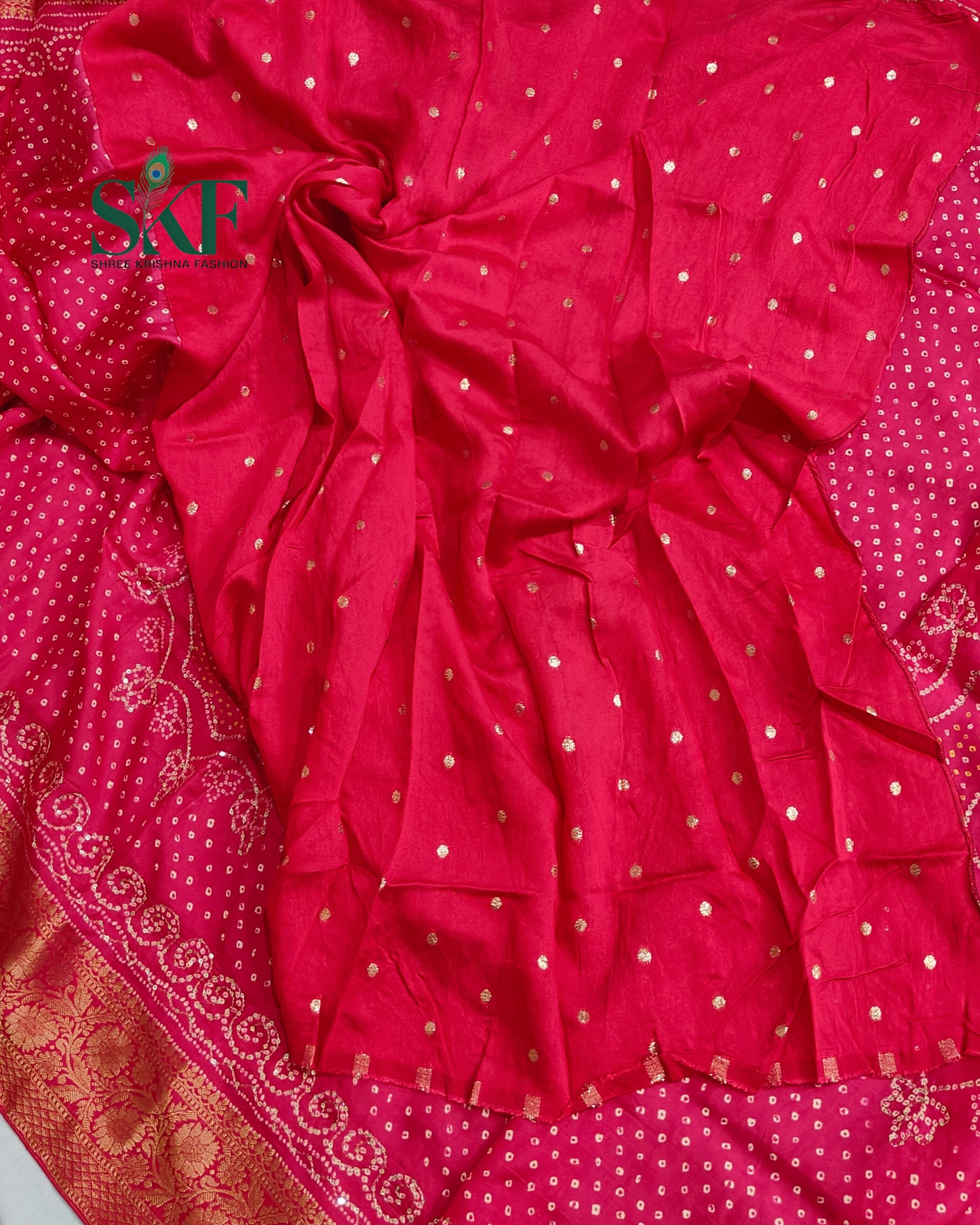 HO SILK BHANDHANI PEACOCK MOTIF AARI AND SEQUENCE WORK RANIPINK SAREE BY SKFBHOLUBHAI