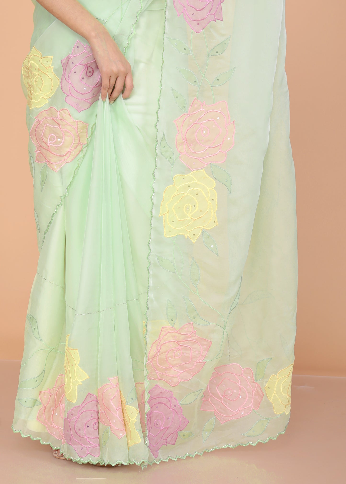 TISSUE APPLIQUE HANDWORK DESIGNER PISTA SAREE BY SKFBHOLUBHAI