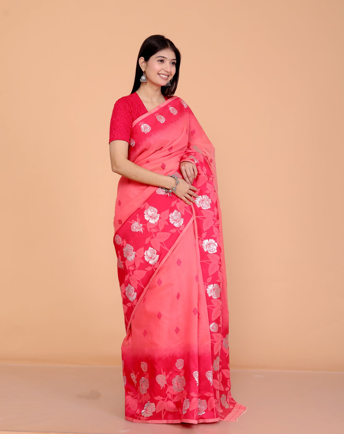 COTTON BLEND WEAVING RED PINK SAREE BY SKFBHOLUBHAI