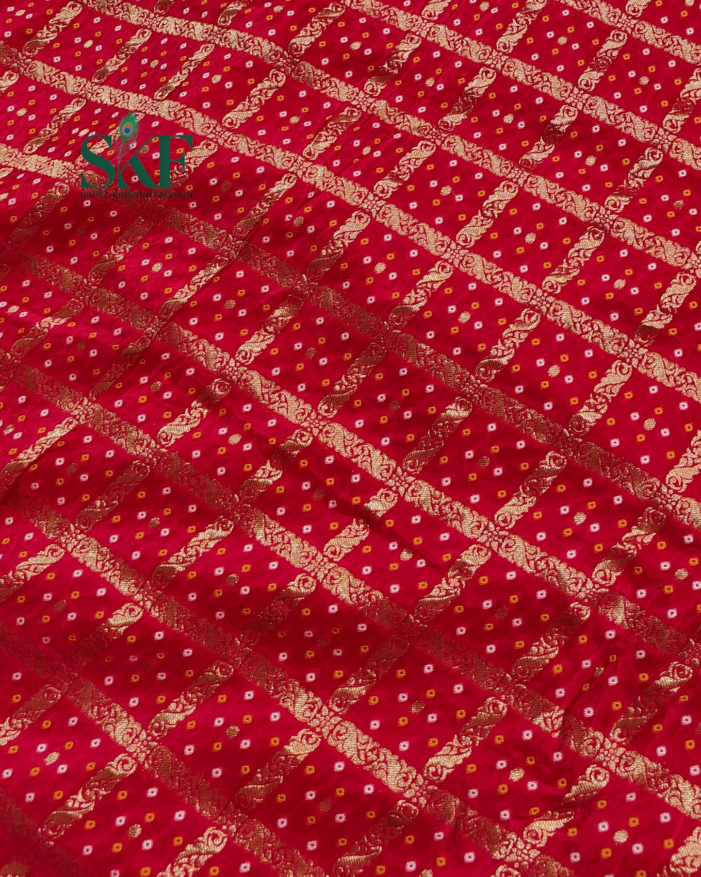 KHADI NEEM JARI GEORGETTE GHATCHOLA BHANDHANI HEAVY WORK BORDER RED SAREE BY SKFBHOLUBHAI