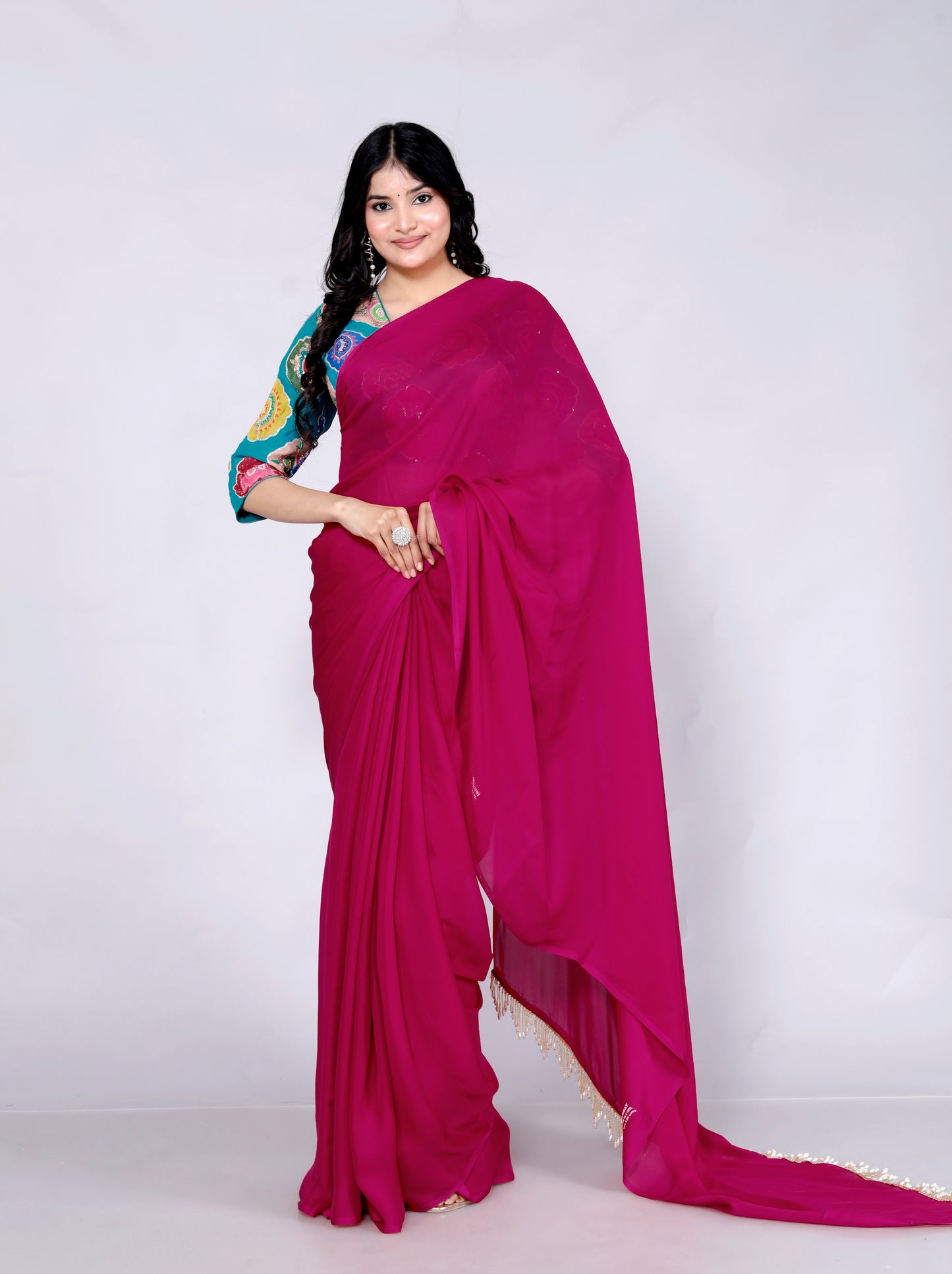 CREPE PLAIN TASSELS WORK RANI PINK SAREE BY SKFBHOLUBHAI