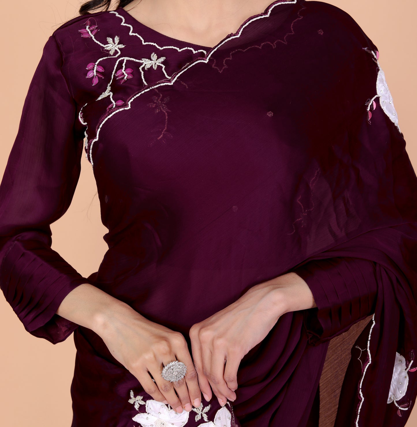 CHINON CREPE HAND BEADED WORK STICH BLOUSE WINE SAREE BY SKFBHOLUBHAI