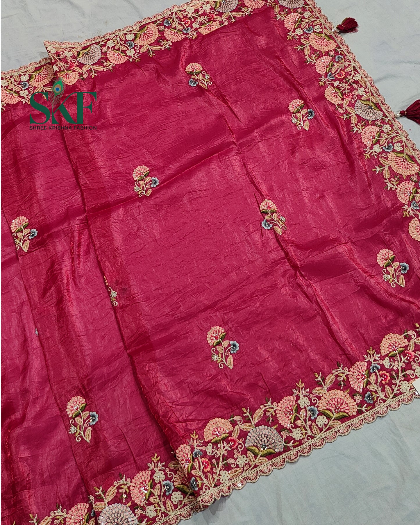 CRUSH TISSUE SIPPI SEQUENCE EMBROIDERY WORK BURGENDY SAREE BY SKFBHOLUBHAI