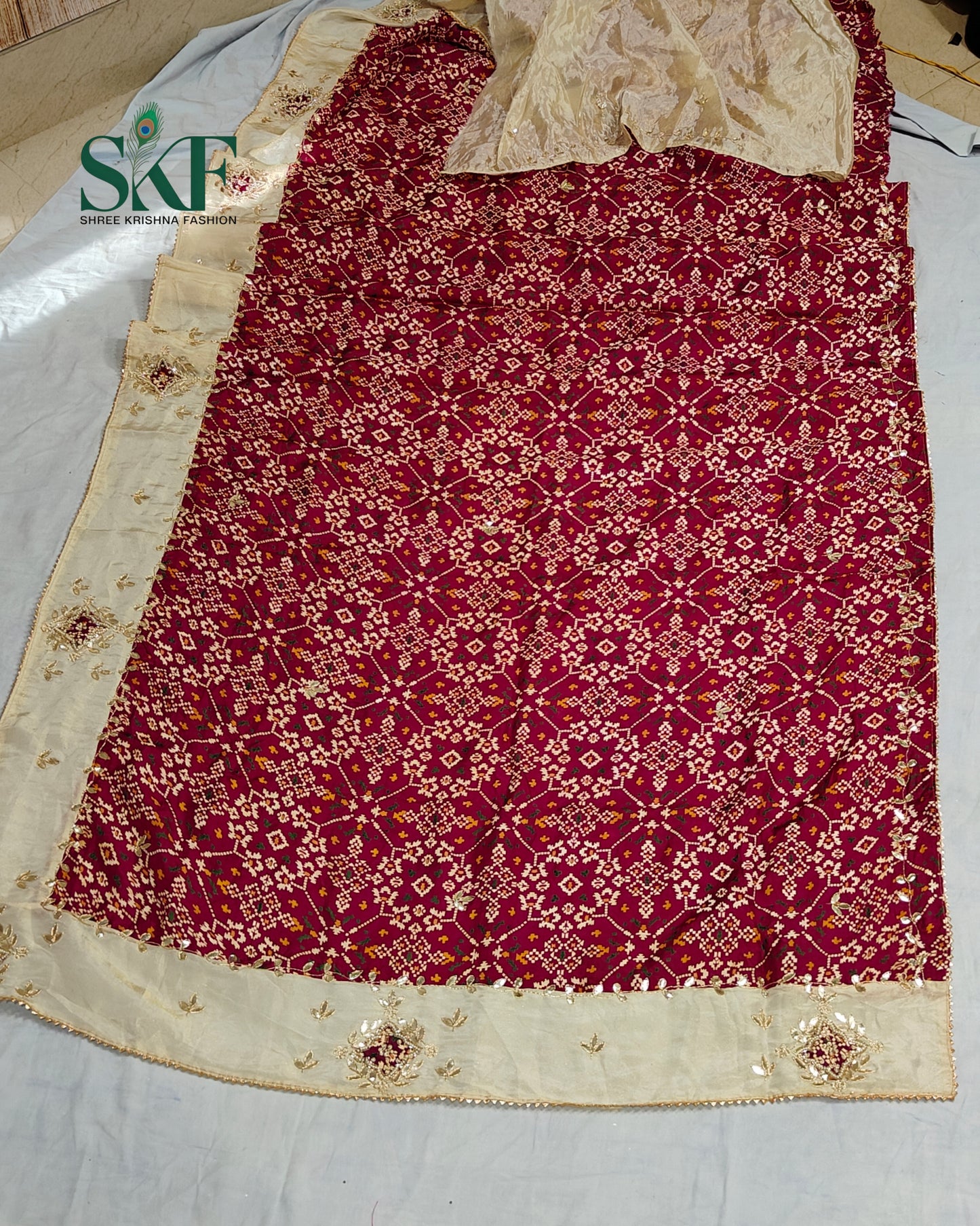 TUSSAR SILK PATOLA PRINT GOTTA HANDWORK BORDER WINE SAREE BY SKFBHOLUBHAI