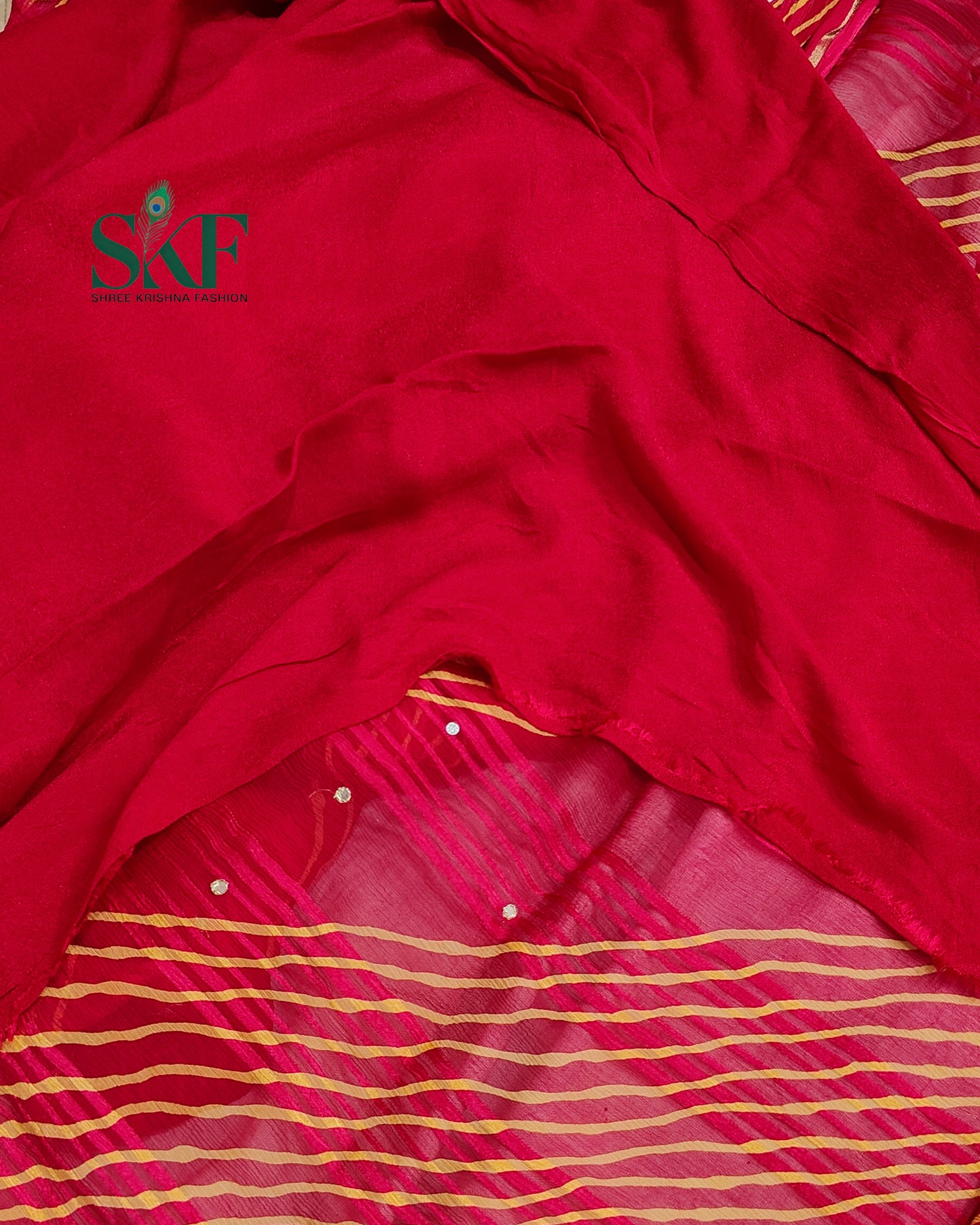CHIFFON VISCOSE LEHRIYA AARI MIRROR LINEING WORK RANIPINK SAREE BY SKFBHOLUBHAI