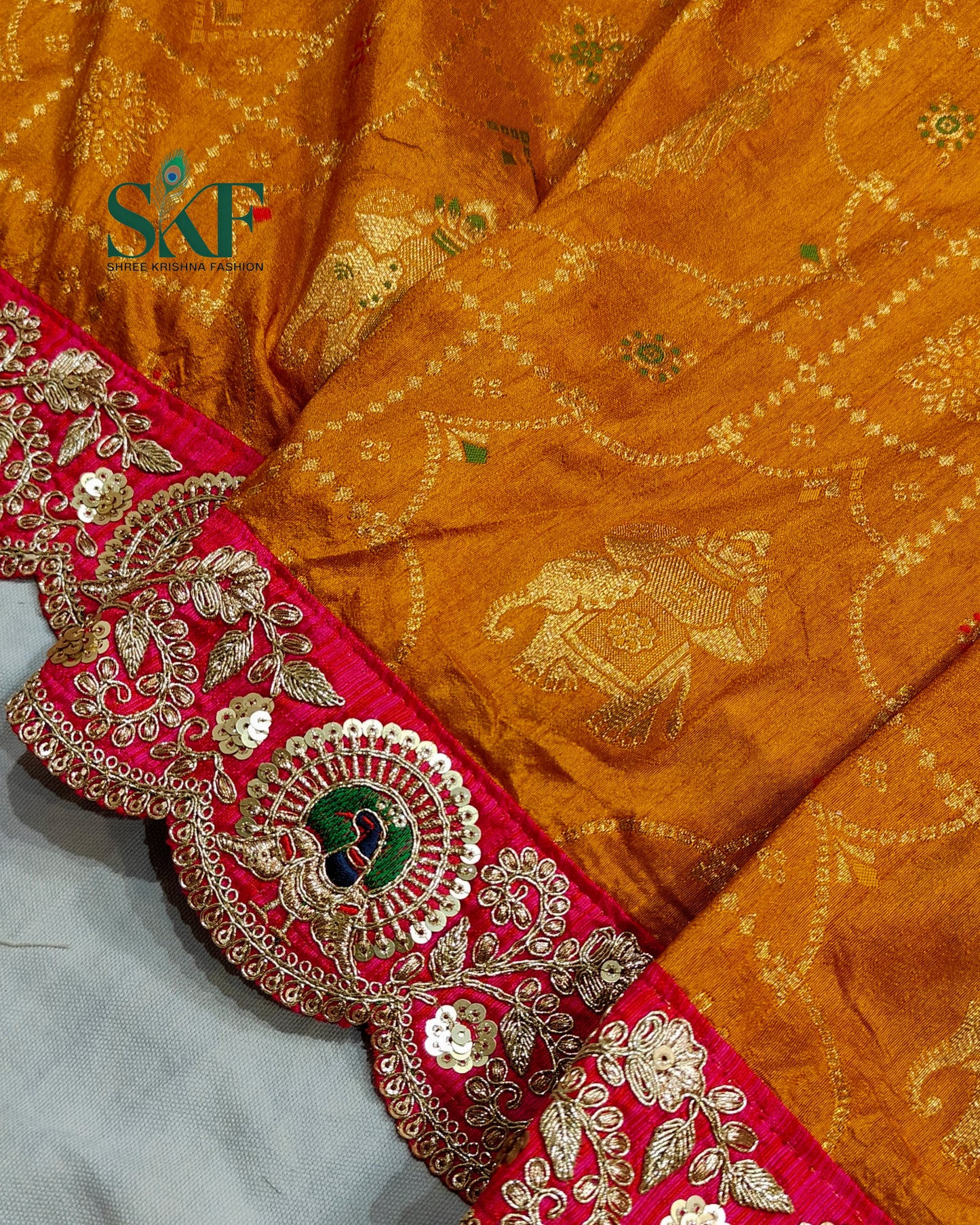 DOLA BANARSI MOTIF WEAVING HEAVY WORK BORDER YELLOW MUSTURD SAREE BY SKFBHOLUBHAI