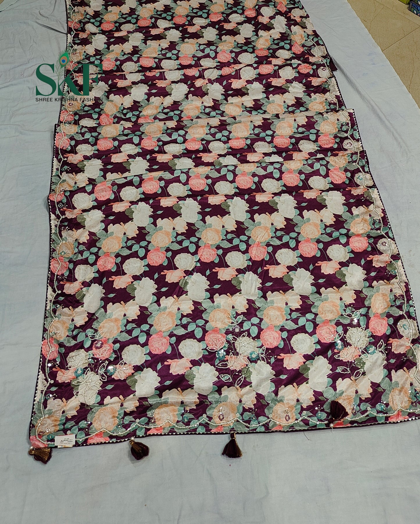 CHINON FLORAL DIGITAL PRINT HANDWORK SEEGREEN SAREE BY SKFBHOLUBHAI