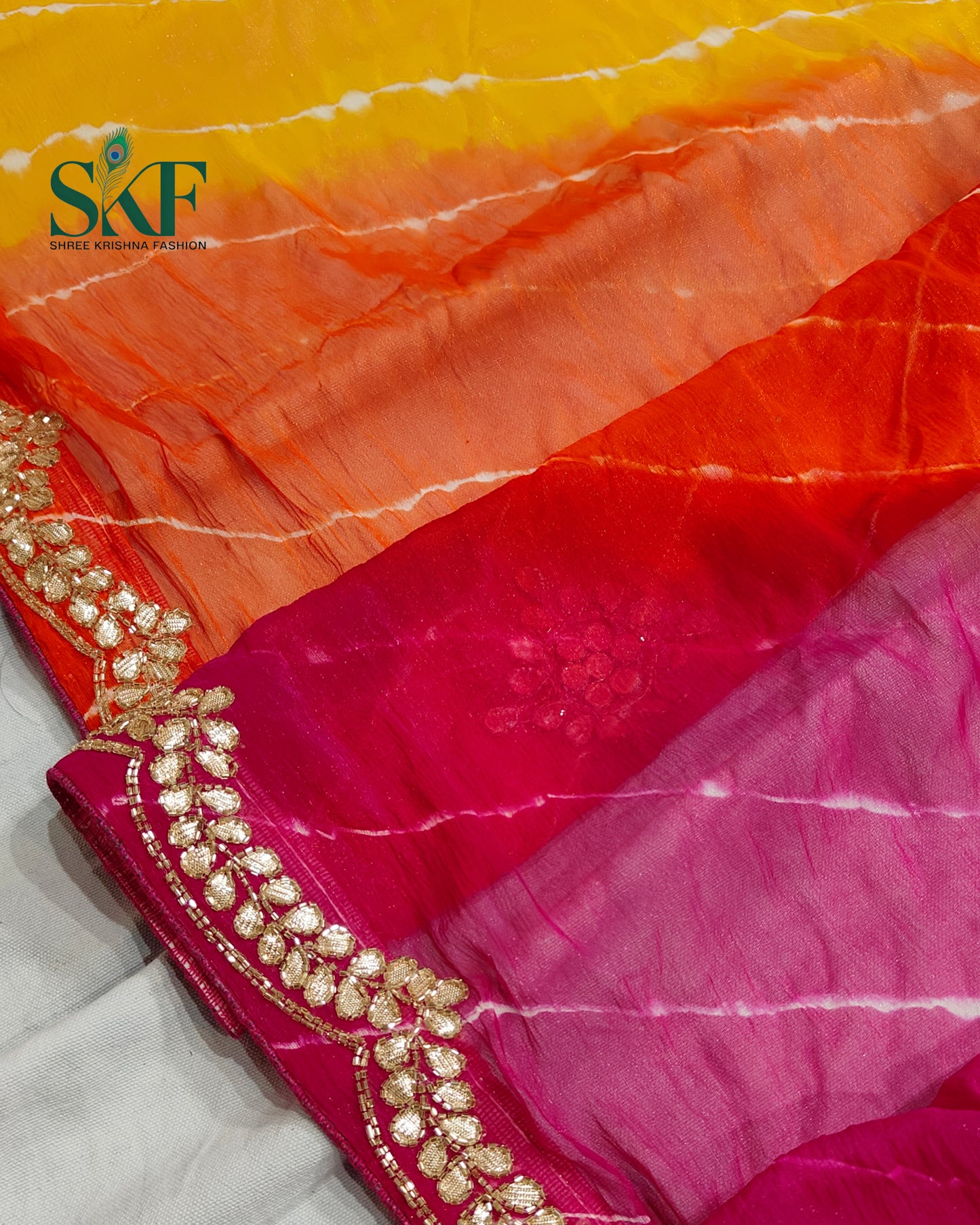 DIAMOND CHIFFON PACHRANGA LEHRIYA GOTTA HANDWORK SAREE BY SKFBHOLUBHAI
