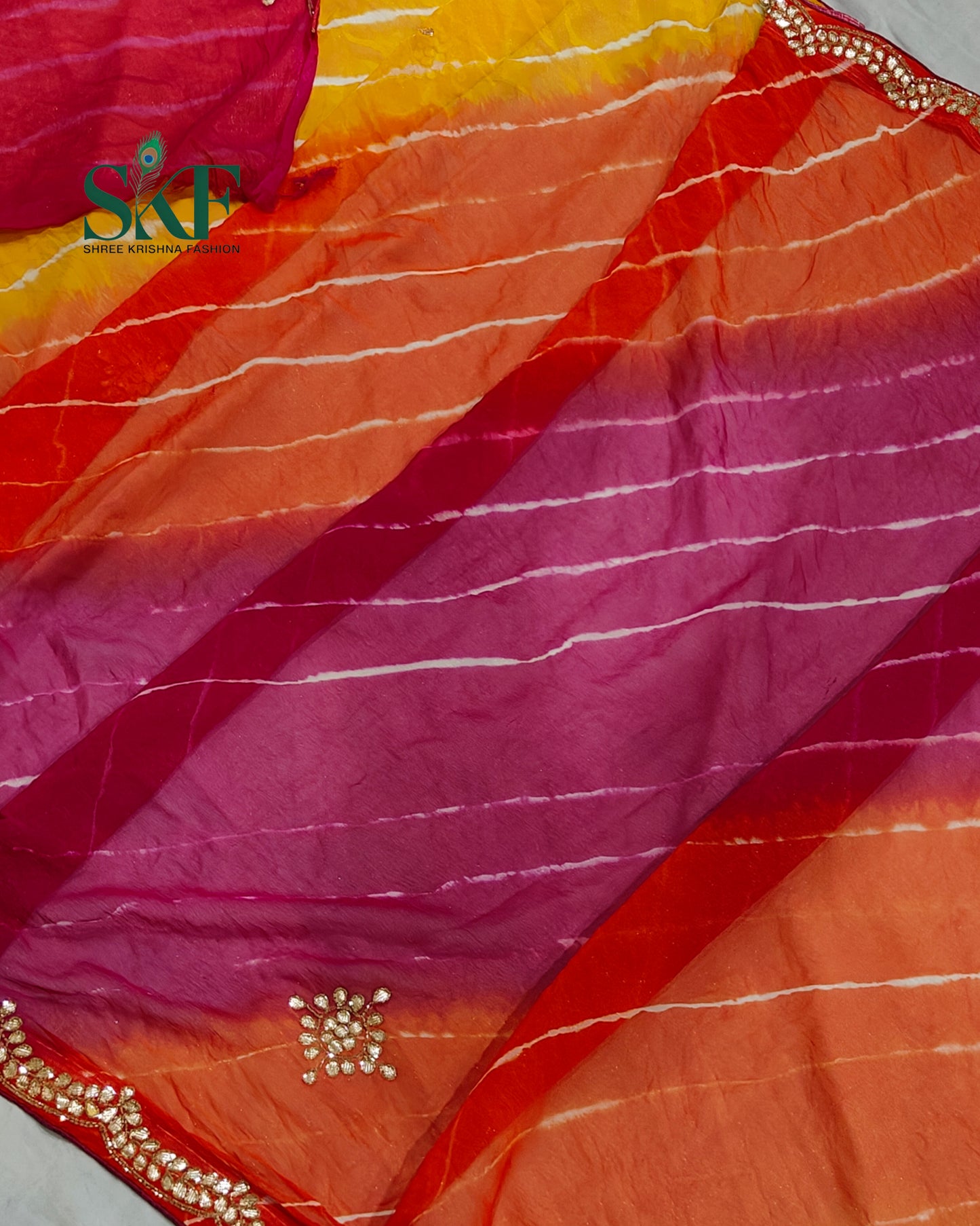 DIAMOND CHIFFON PACHRANGA LEHRIYA GOTTA HANDWORK SAREE BY SKFBHOLUBHAI
