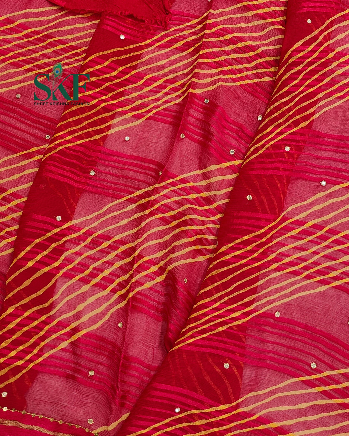 CHIFFON VISCOSE LEHRIYA AARI MIRROR LINEING WORK RANIPINK SAREE BY SKFBHOLUBHAI