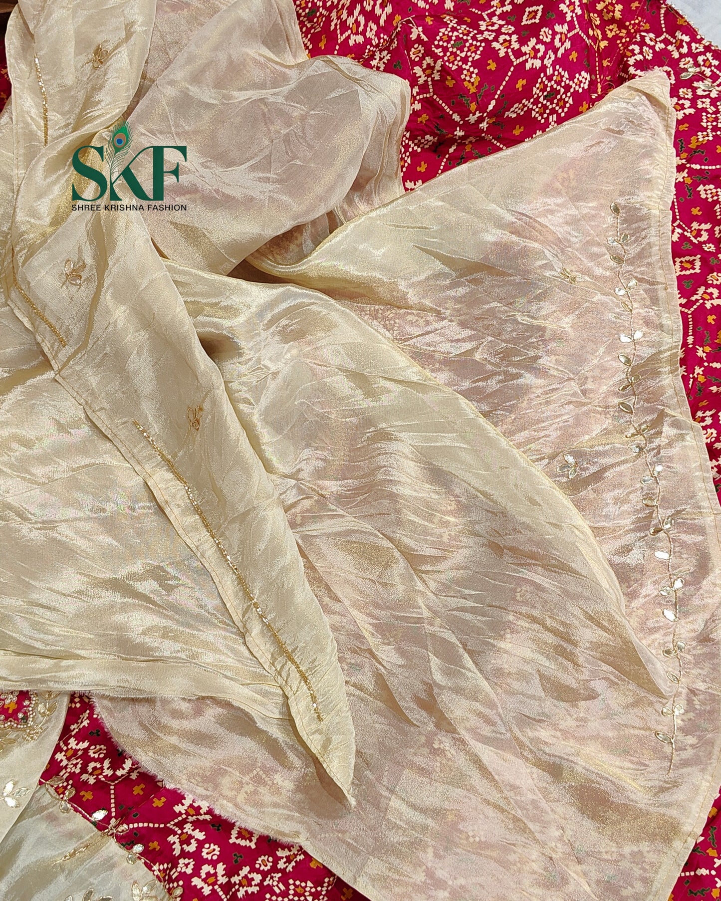 TUSSAR SILK PATOLA PRINT GOTTA HANDWORK BORDER RANI PINK SAREE BY SKFBHOLUBHAI