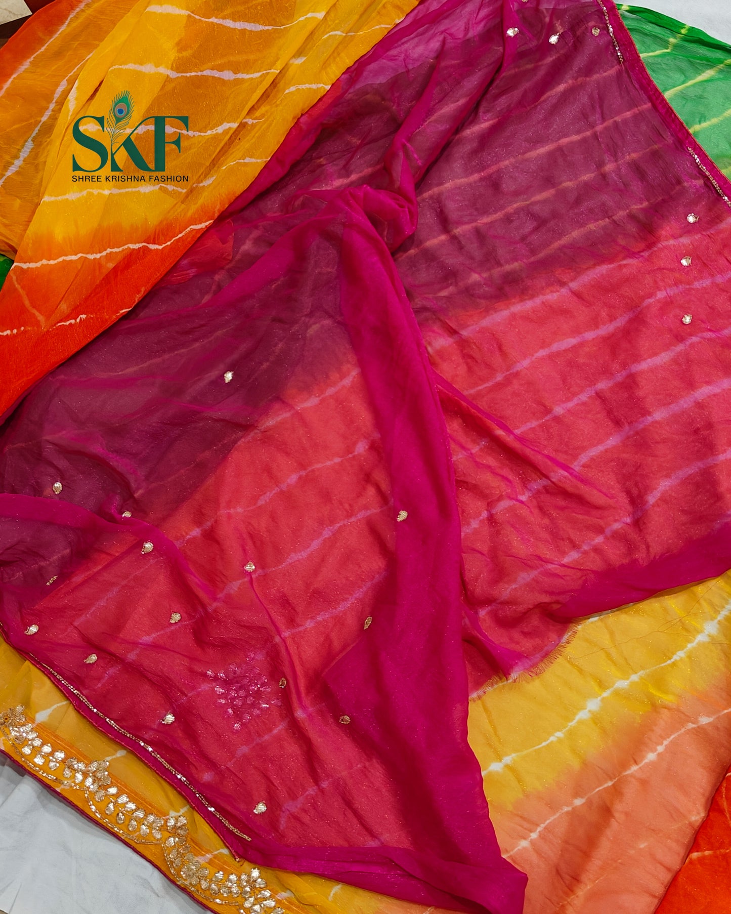 DIAMOND CHIFFON PACHRANGA LEHRIYA GOTTA HANDWORK SAREE BY SKFBHOLUBHAI