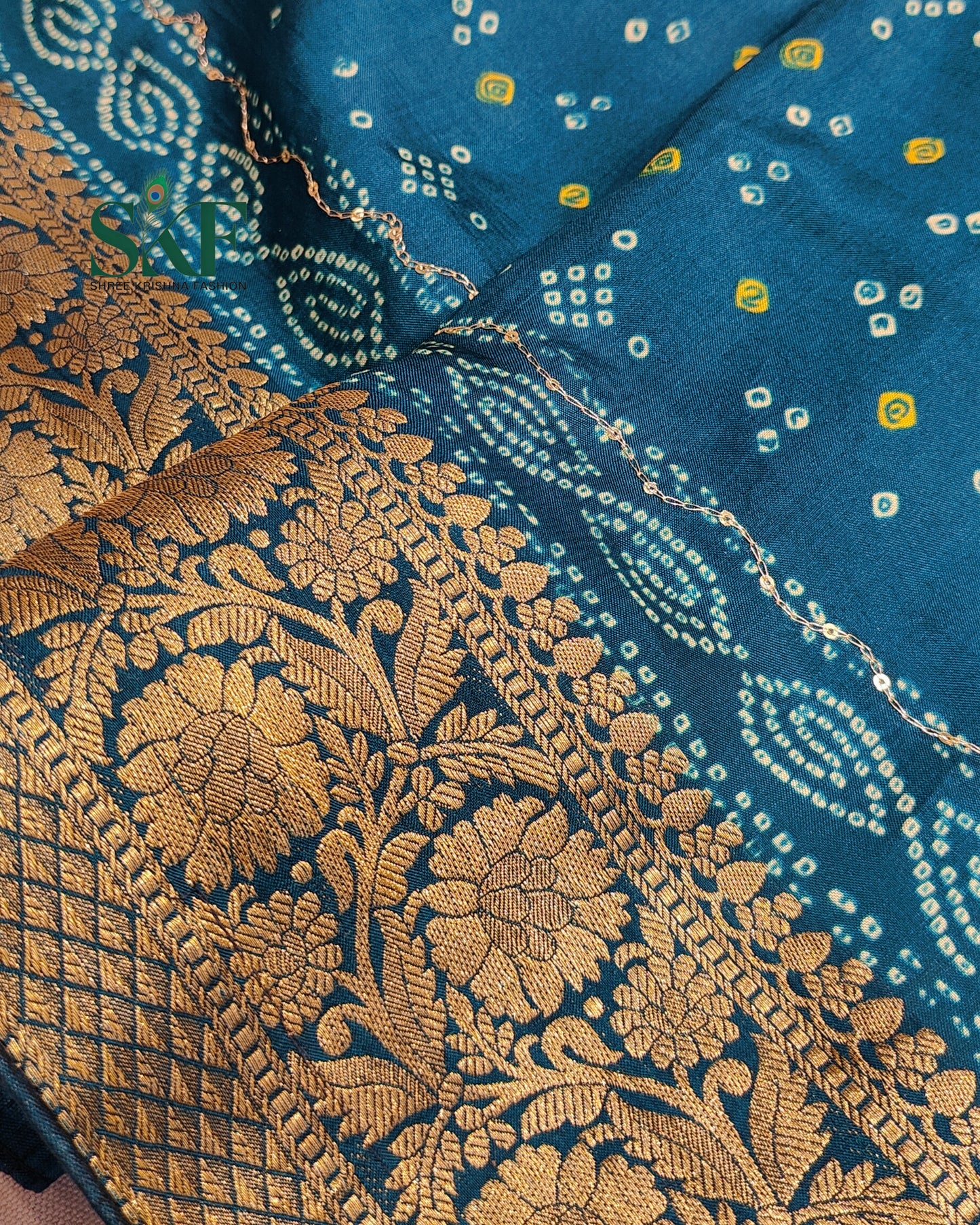 HO SILK BHANDHANI MIRROR WORK TWO TONE TEAL BLUE AND MEHNDI GREEN SAREE BY SKFBHOLUBHAI
