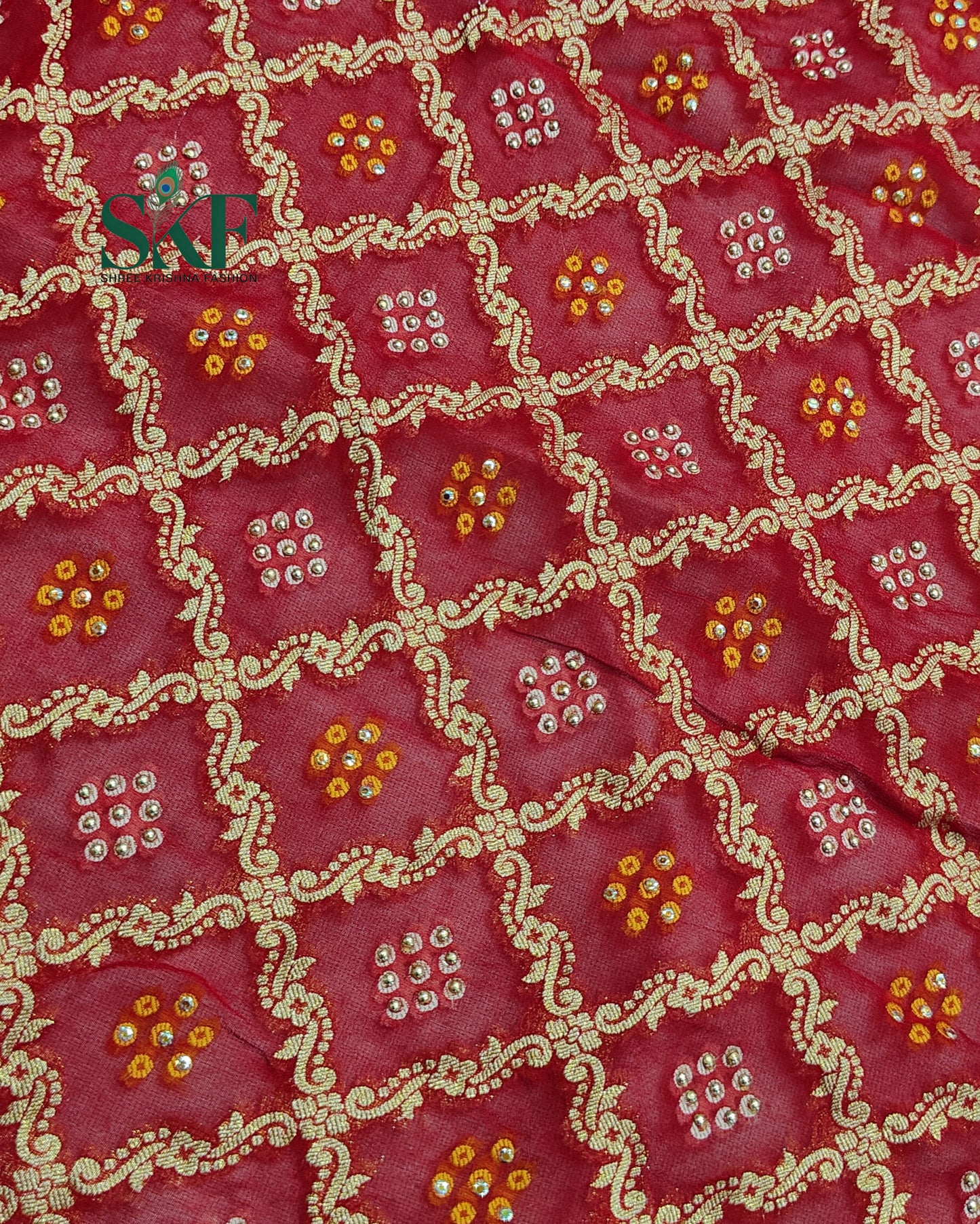 KHADI NEEM JARI GEORGETTE BHANDHANI STONE ZARDOZI HANDWORK SAREE BY SKFBHOLUBHAI