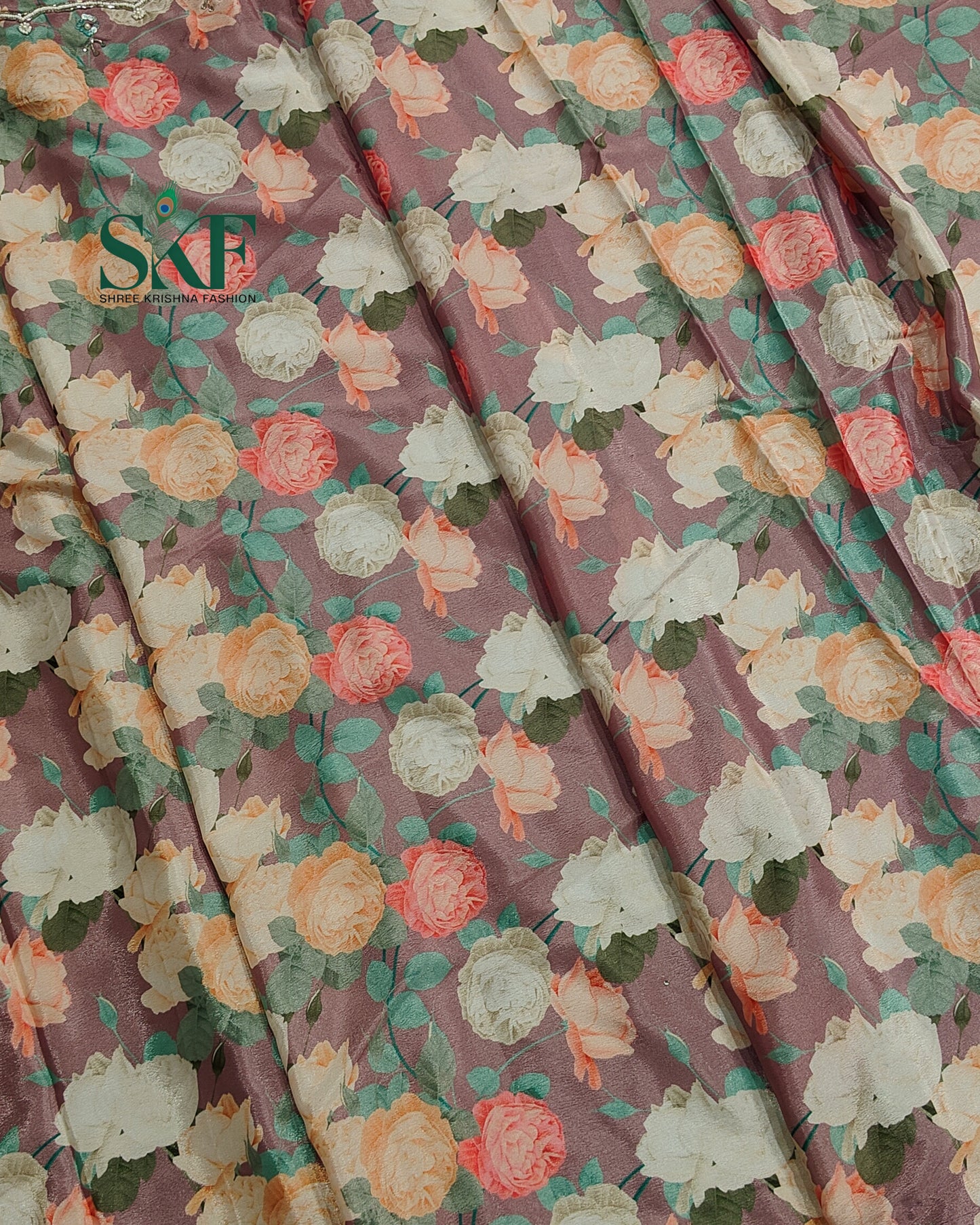 CHINON FLORAL DIGITAL PRINT HANDWORK LAVENDER SAREE BY SKFBHOLUBHAI