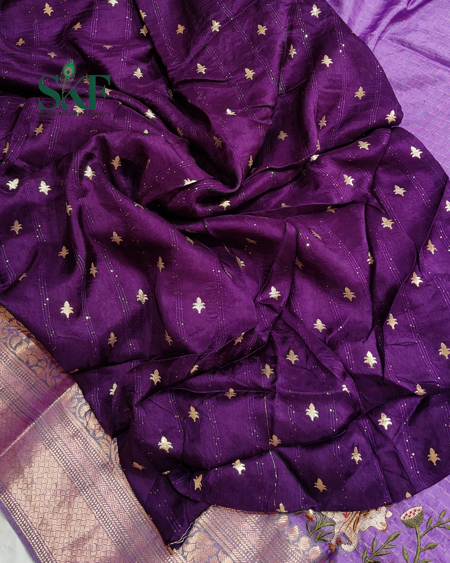 DOLA SILK MOTIF EMBROIDERY PANEL WEAVING BORDER WORK LAVENDER SAREE BY SKFBHOLUBHAI