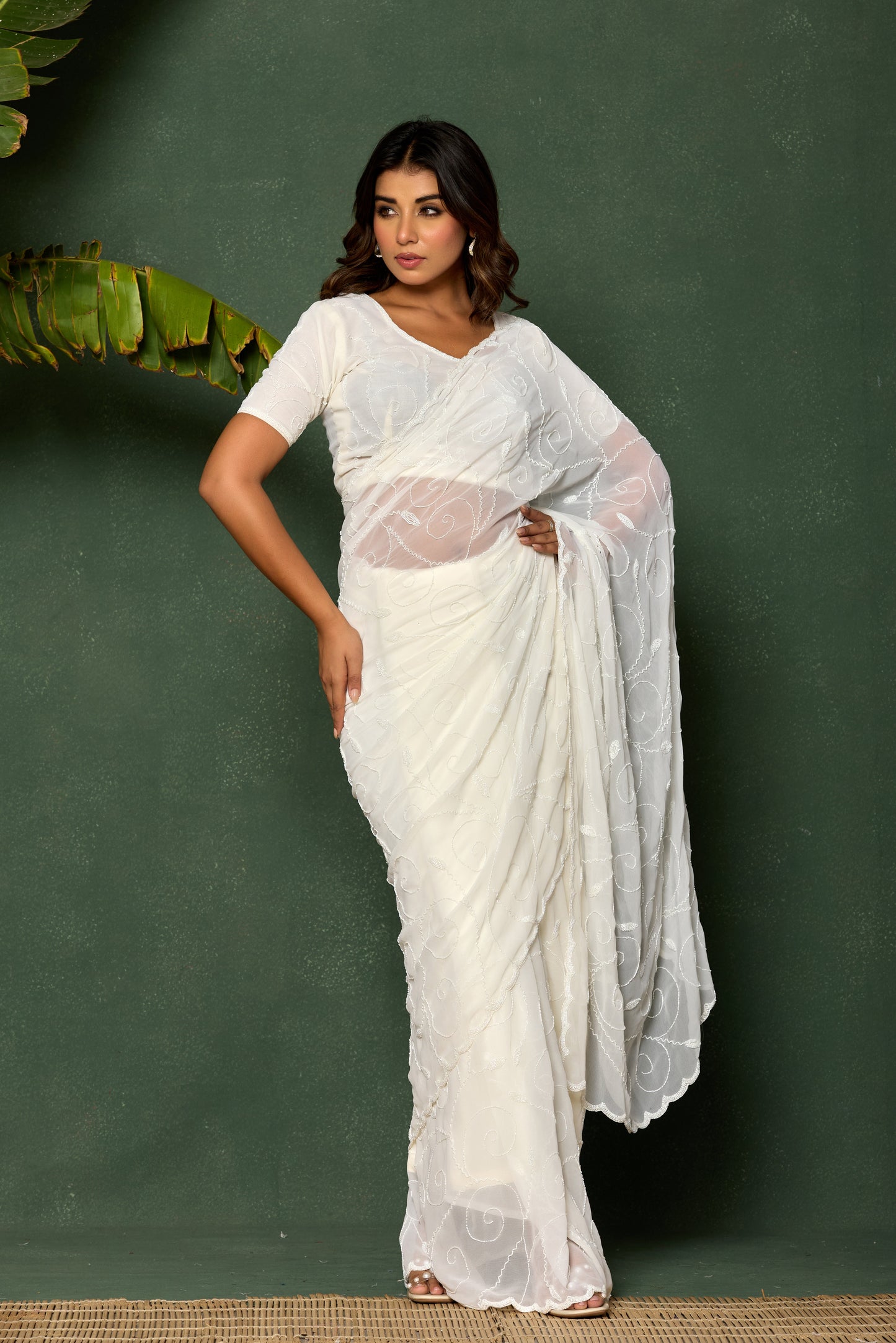 GEORGETTE KARDANA BEADS JAAL HANDWORK IVORY SAREE BY SKFBHOLUBHAI