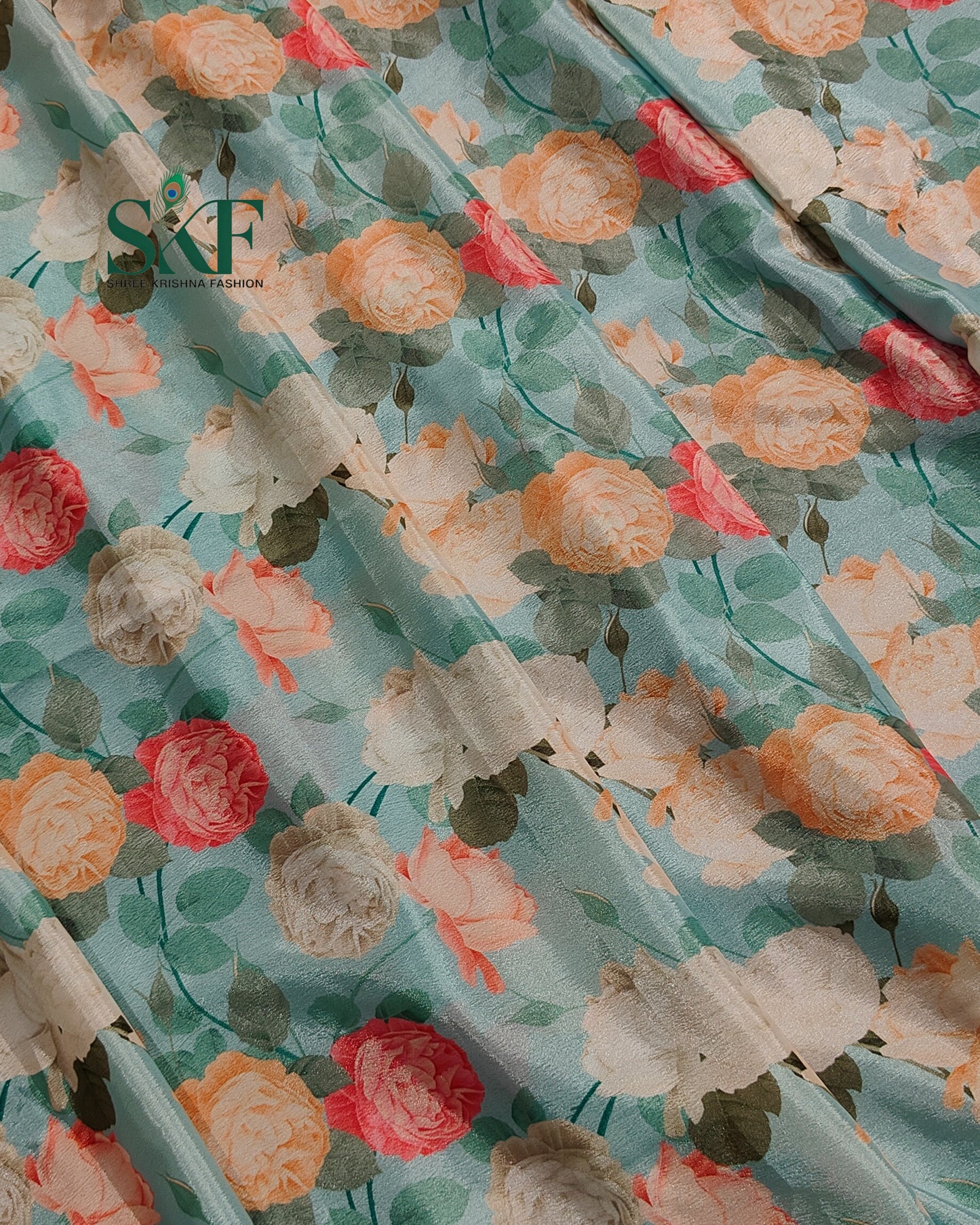 CHINON FLORAL DIGITAL PRINT HANDWORK SEEGREEN SAREE BY SKFBHOLUBHAI
